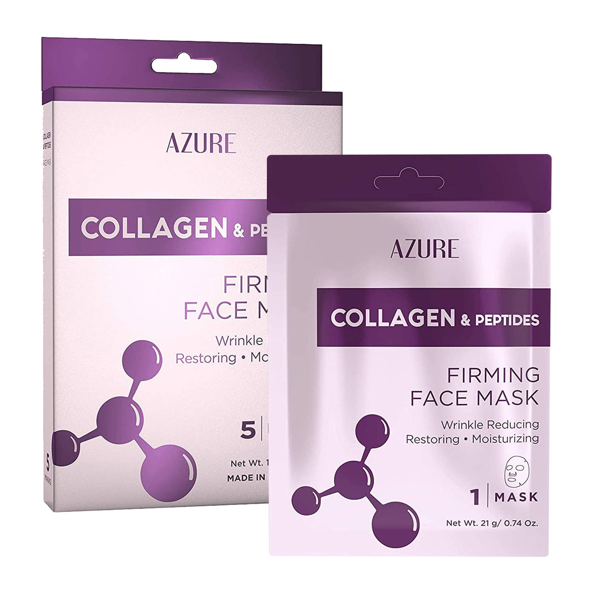 Azure Cosmetics Masque papier collagène-peptides, effet liftant léger pour peau plus tonique et fraîche.
