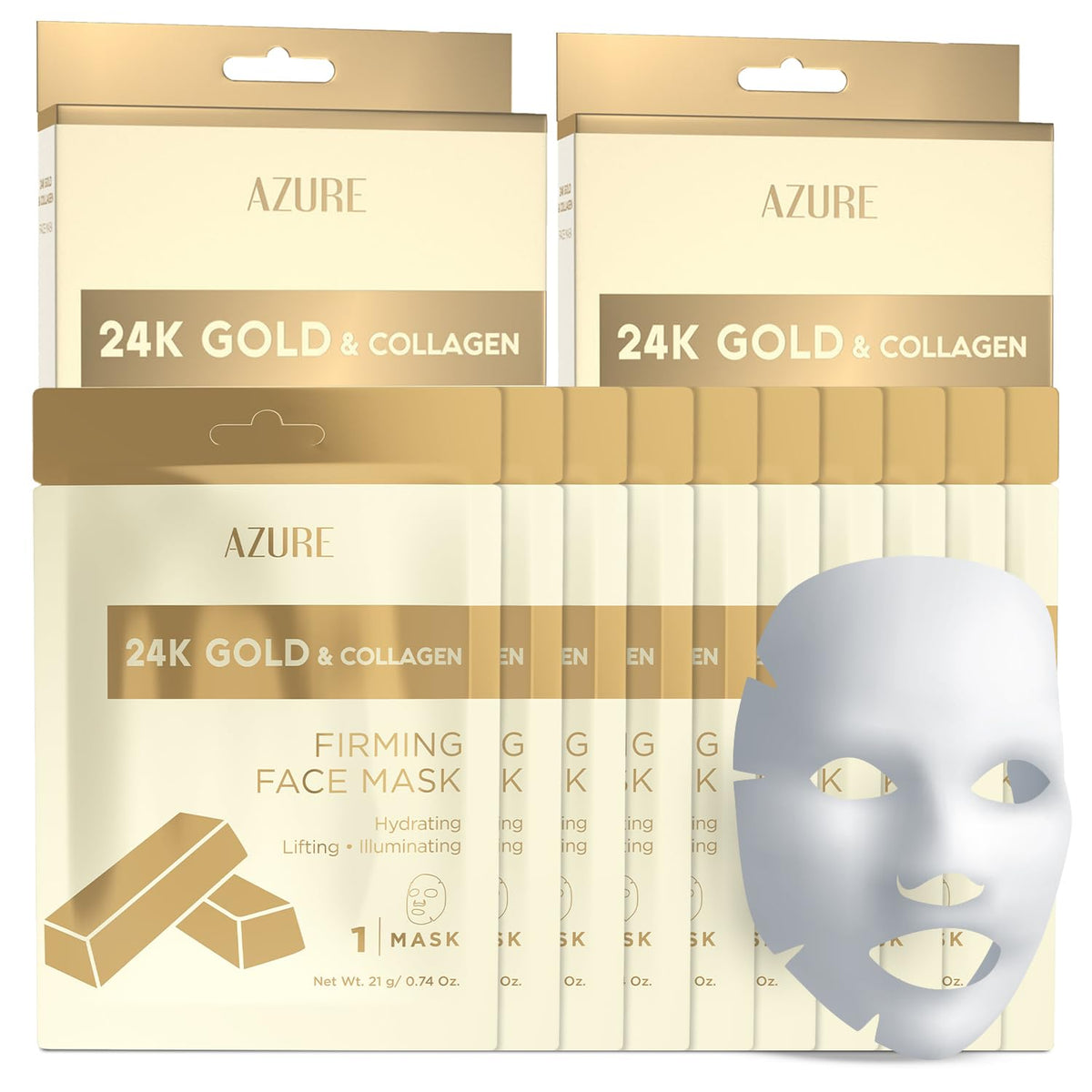 Azure Cosmetics Masque Visage Or 24K – application douce pour peau lumineuse et hydratée.