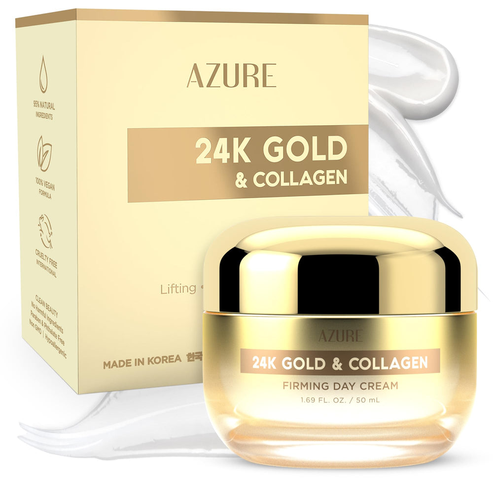 Azure Crème Visage 24K Or dans une bouteille prête à hydrater et illuminer la peau.