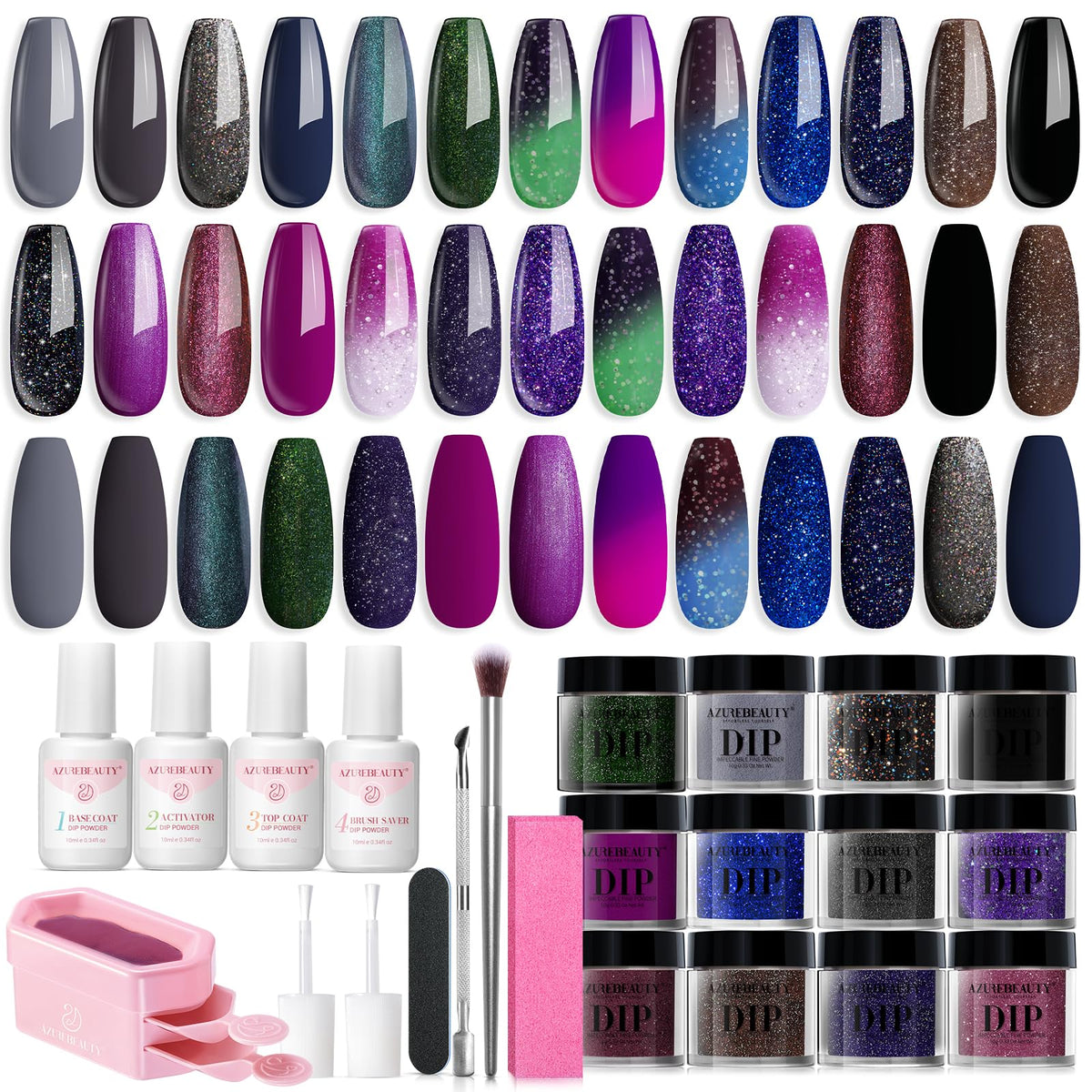 Kit AZUREBEAUTY dip poudre avec 20 couleurs scintillantes pour ongles
