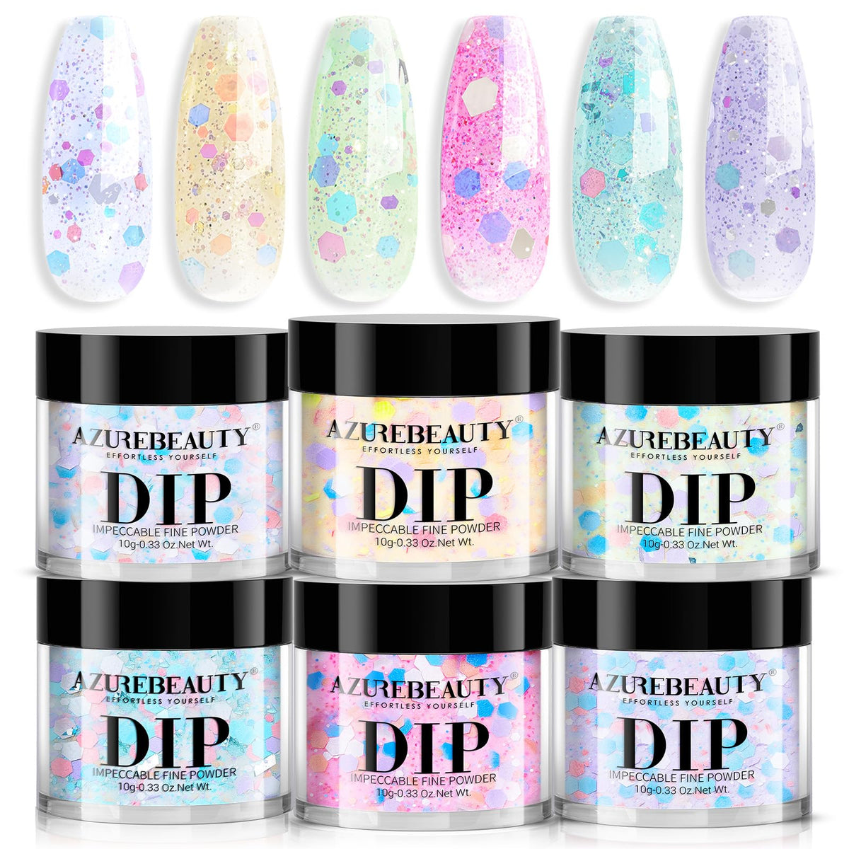 AzureBeauty Dip Poudre ensemble 6 couleurs printemps pour une manucure naturelle et lumineuse.
