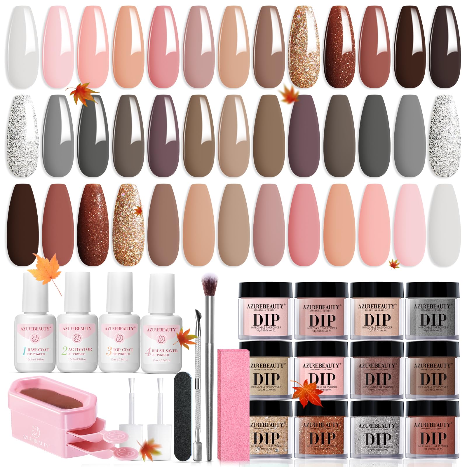 AZUREBEAUTY dip-poudre-kit-20-couleurs-neutres: palette polyvalente et tenue longue pour vos ongles.