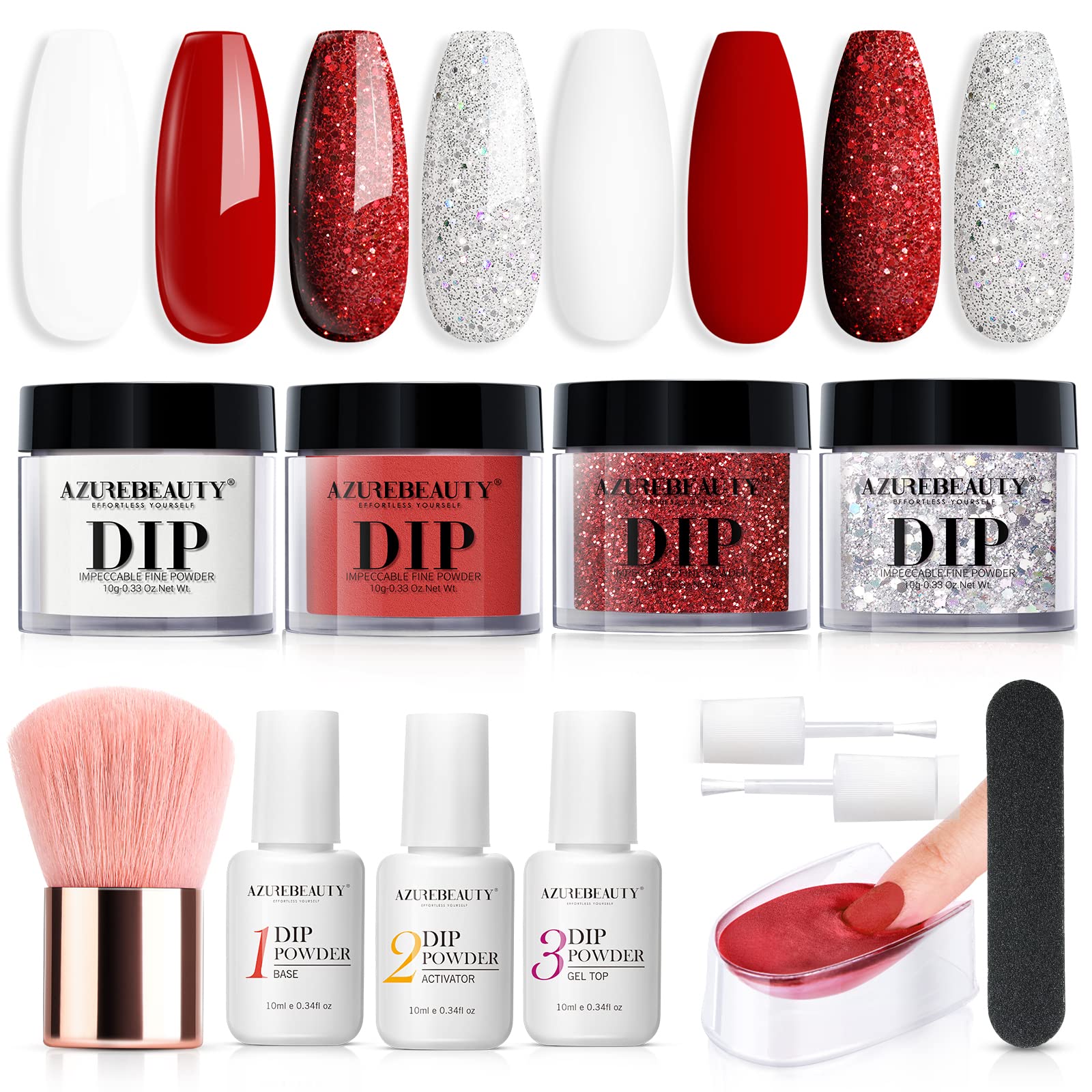 AzureBeauty dip powder kit contents laid out for a complete at-home manicure with no lamp needed.