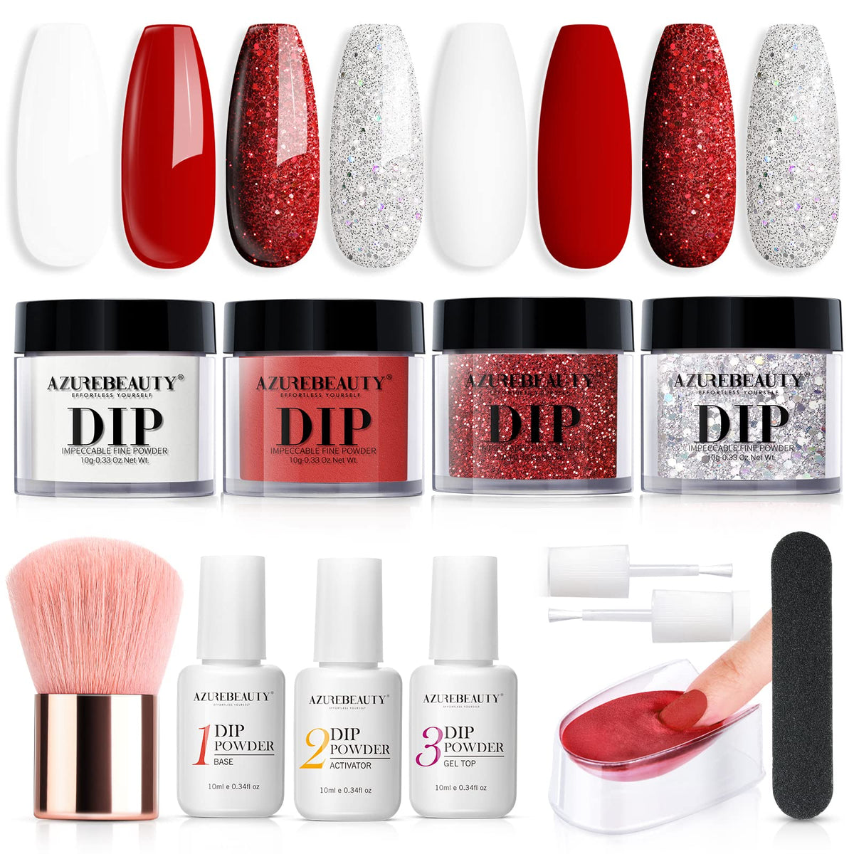 AzureBeauty dip powder kit contents laid out for a complete at-home manicure with no lamp needed.