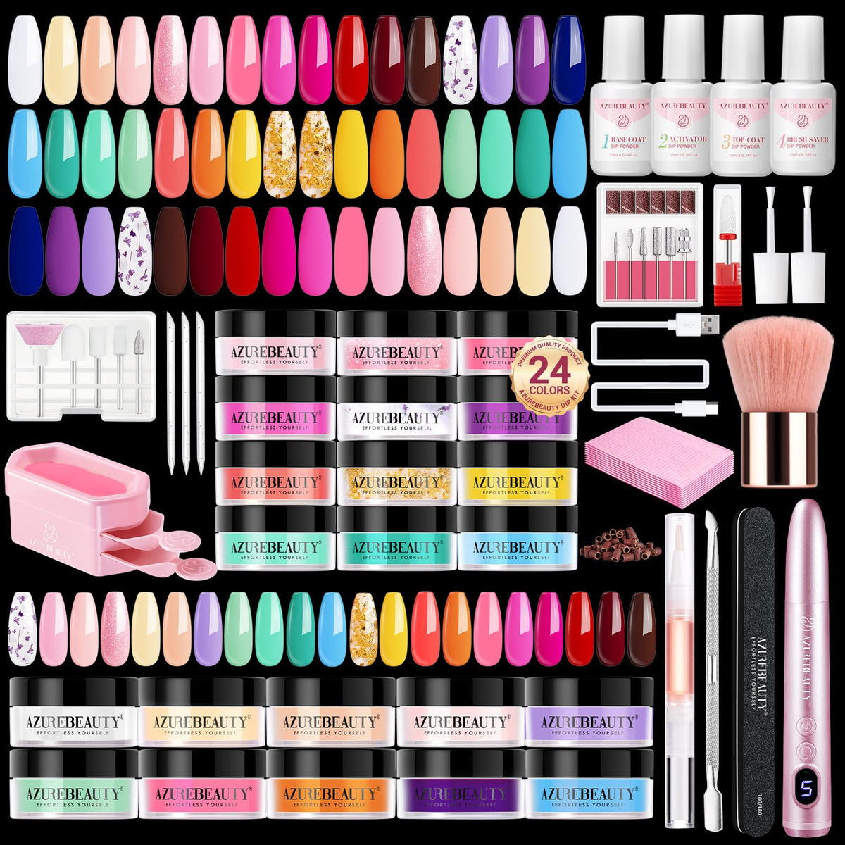 AZUREBEAUTY kit poudre dip 24 couleurs pour ongles, palette variée et éclatante