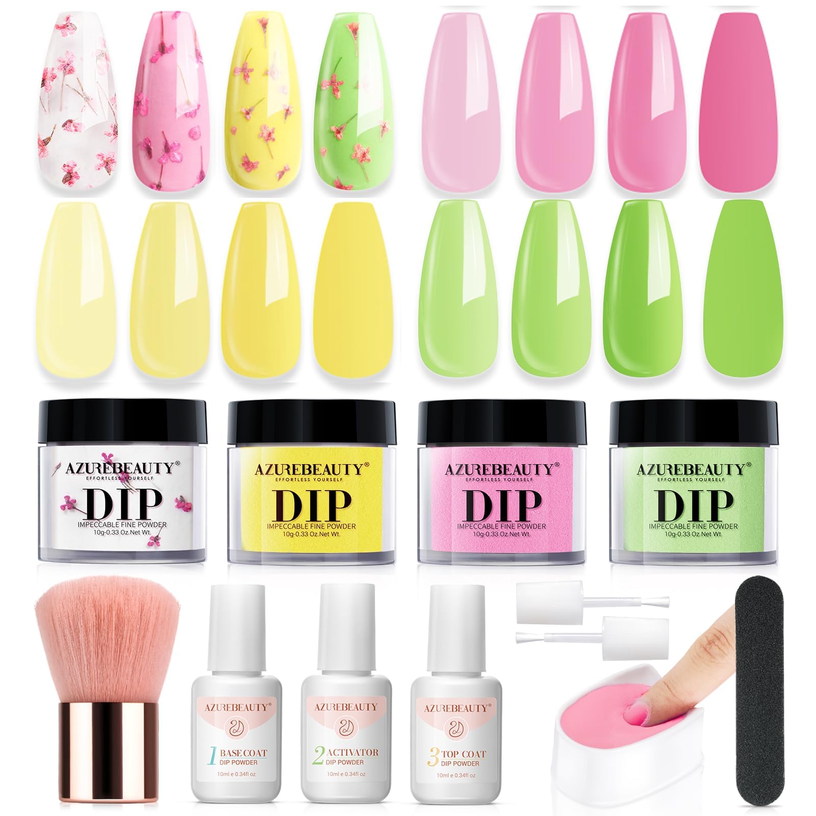Kit AZUREBEAUTY poudre dip jaune brillant avec fleurs seches pour manucure a domicile.