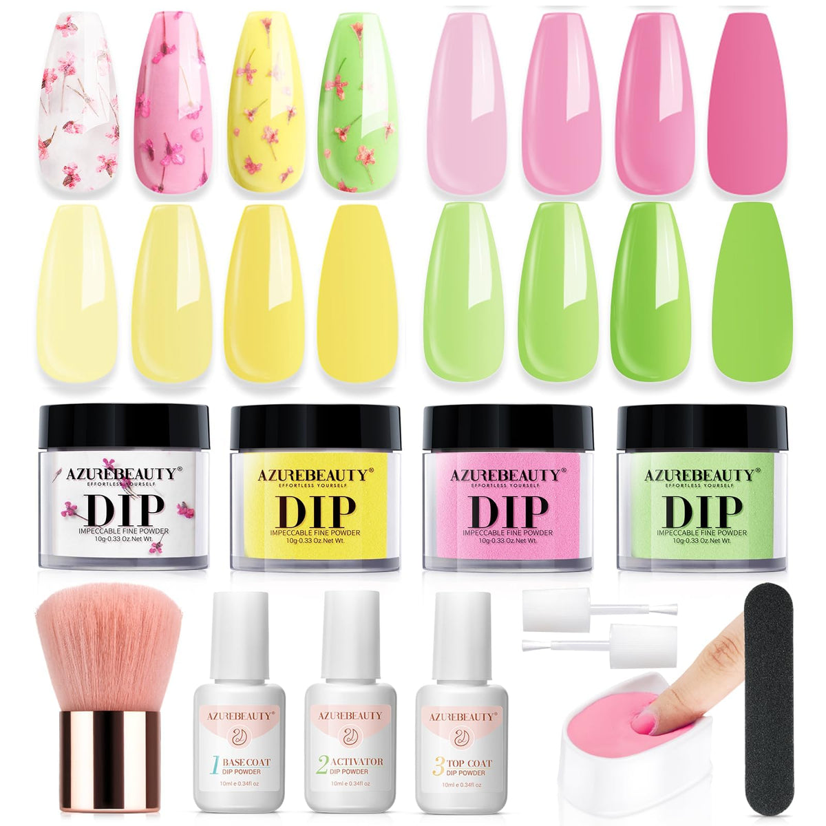 Kit AZUREBEAUTY poudre dip jaune brillant avec fleurs seches pour manucure a domicile.