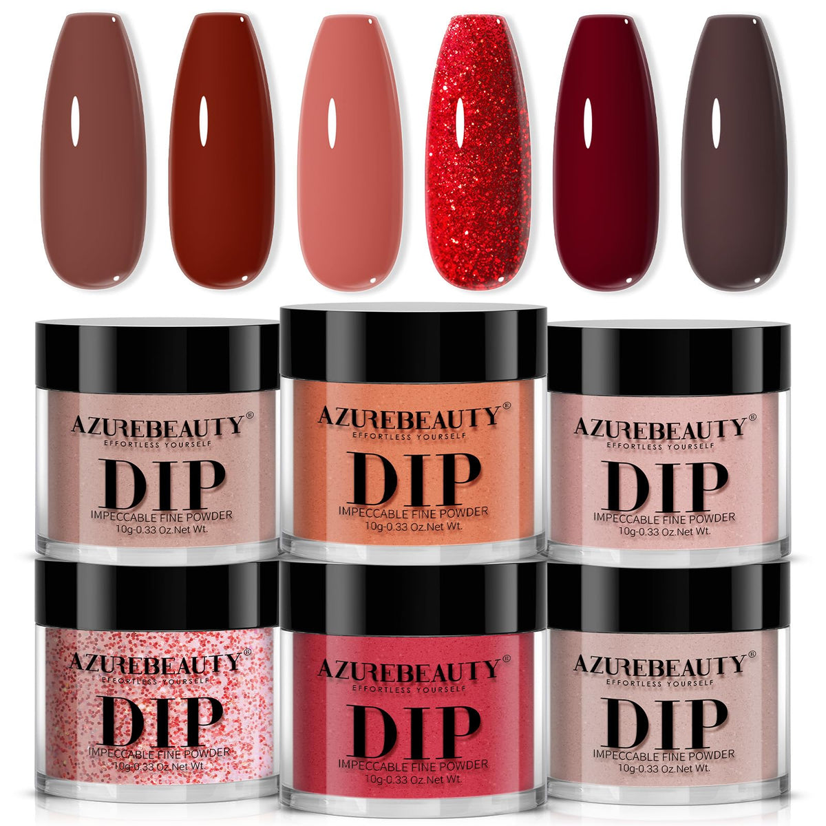 AZUREBEAUTY Poudre Dip 6 teintes dans une boîte, fini brillant durable.