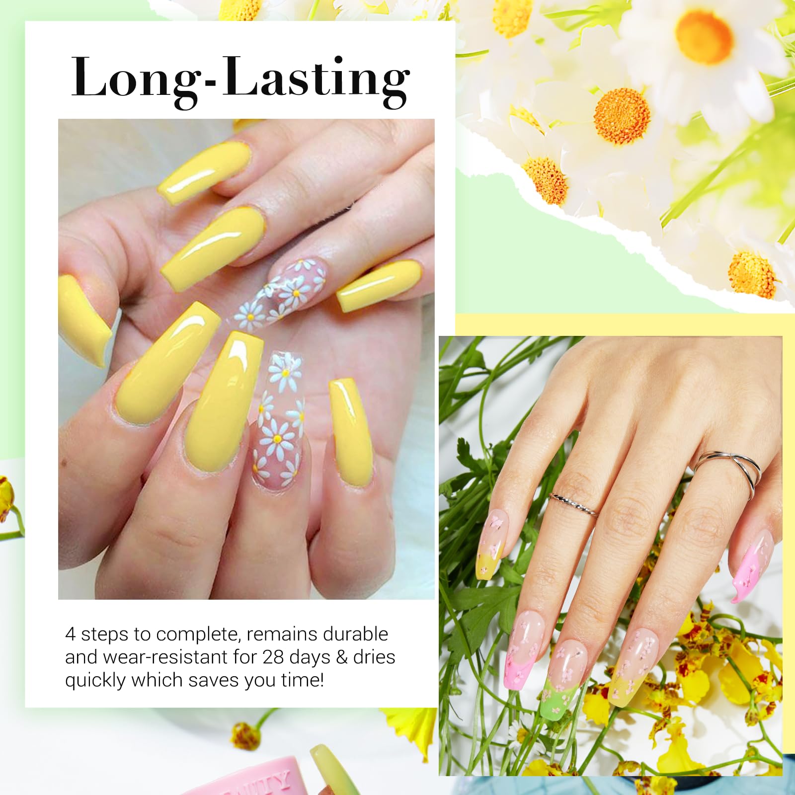 Quatre poudres AZUREBEAUTY 10 g jaunes, vertes et roses avec fleurs seches incluses.