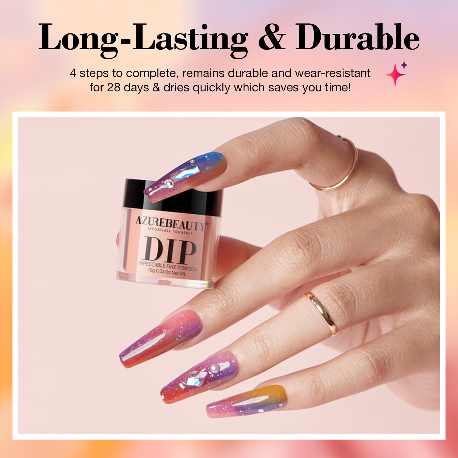 AZUREBEAUTY poudres dip changeantes présentées en rose, bleu, violet et orange.