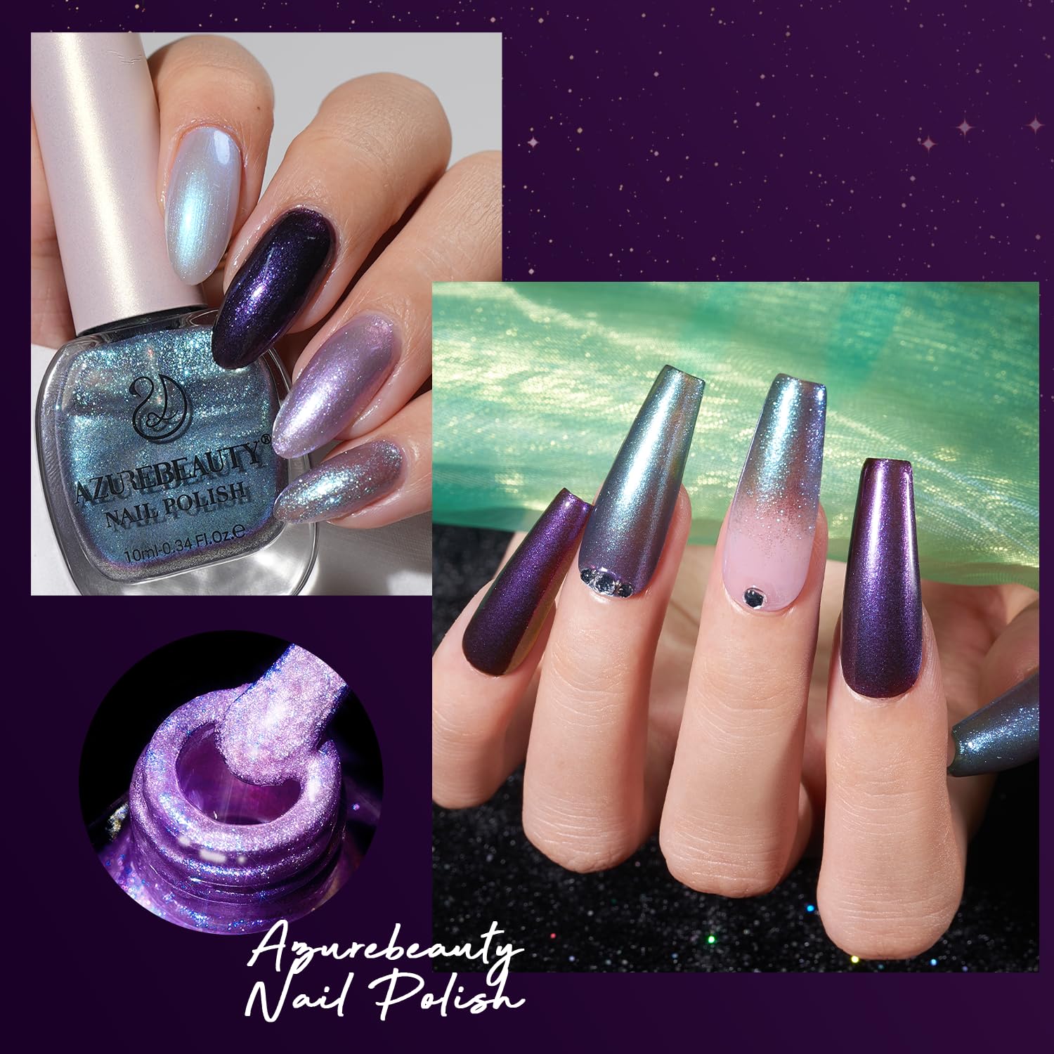 Échantillons AzureBeauty holographiques sur ongles pour tester les teintes.