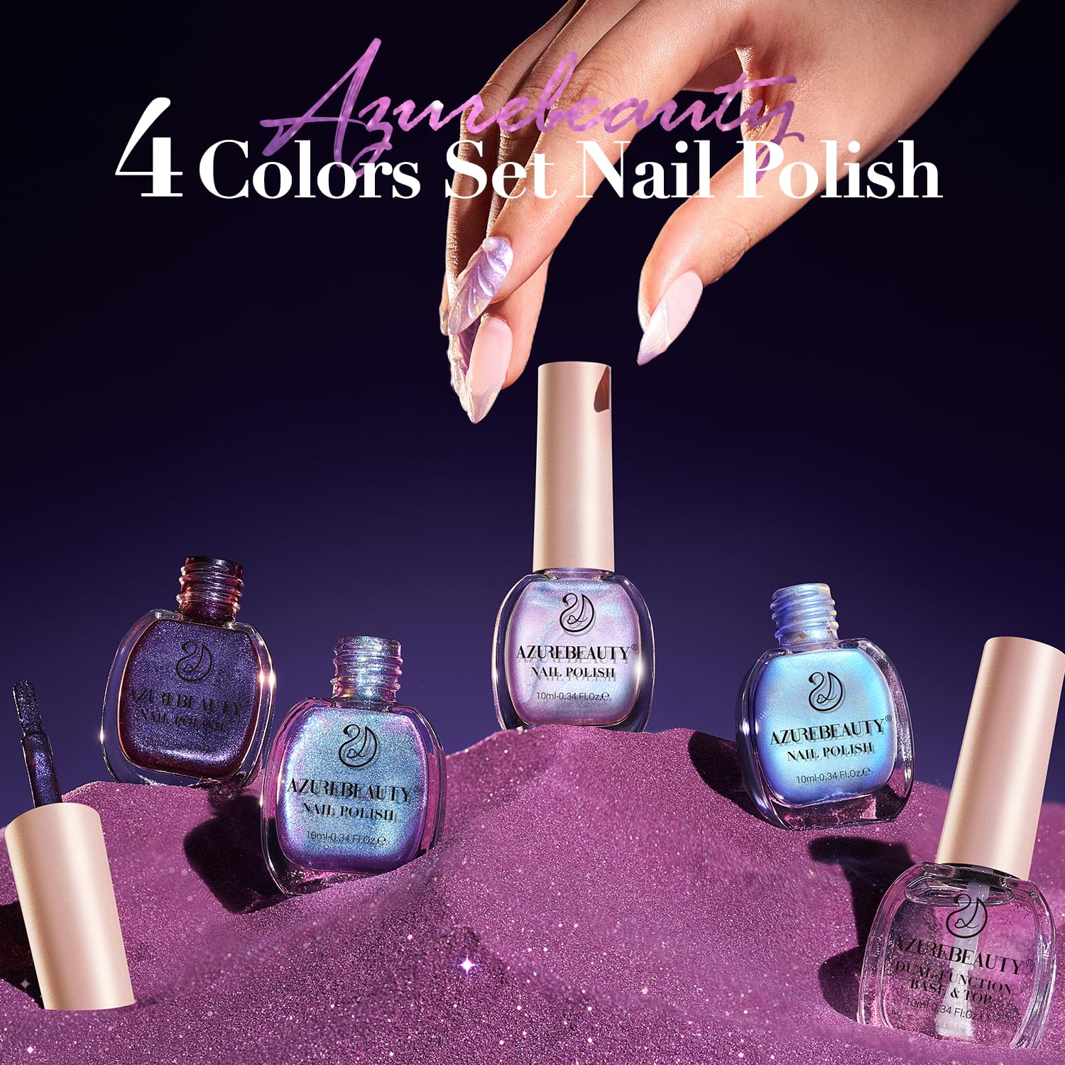 Ongles brillants avec AzureBeauty, vernis holographique multichrome et durable.