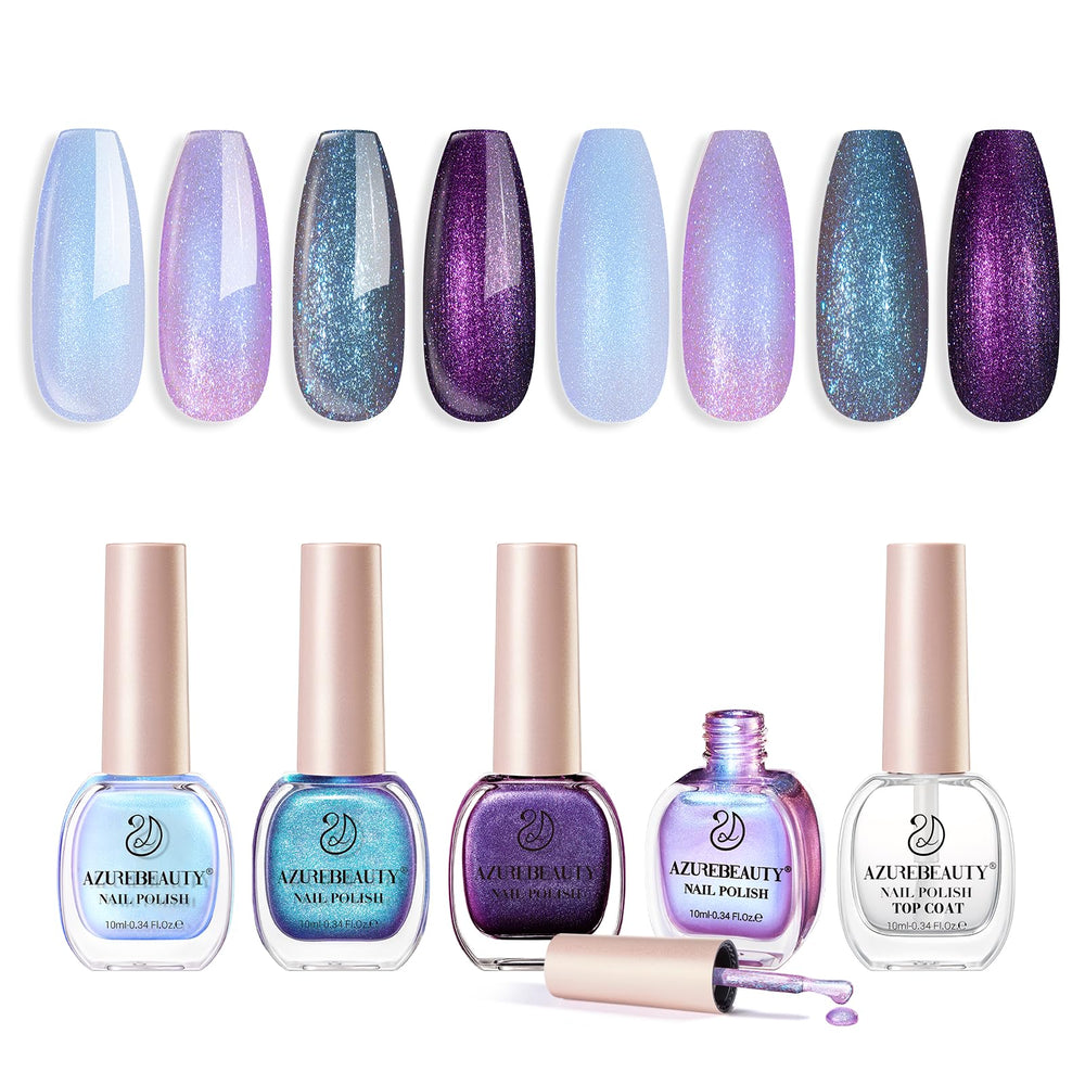 Vernis holographique AzureBeauty violet avec reflets changeants pour un look spectaculaire.