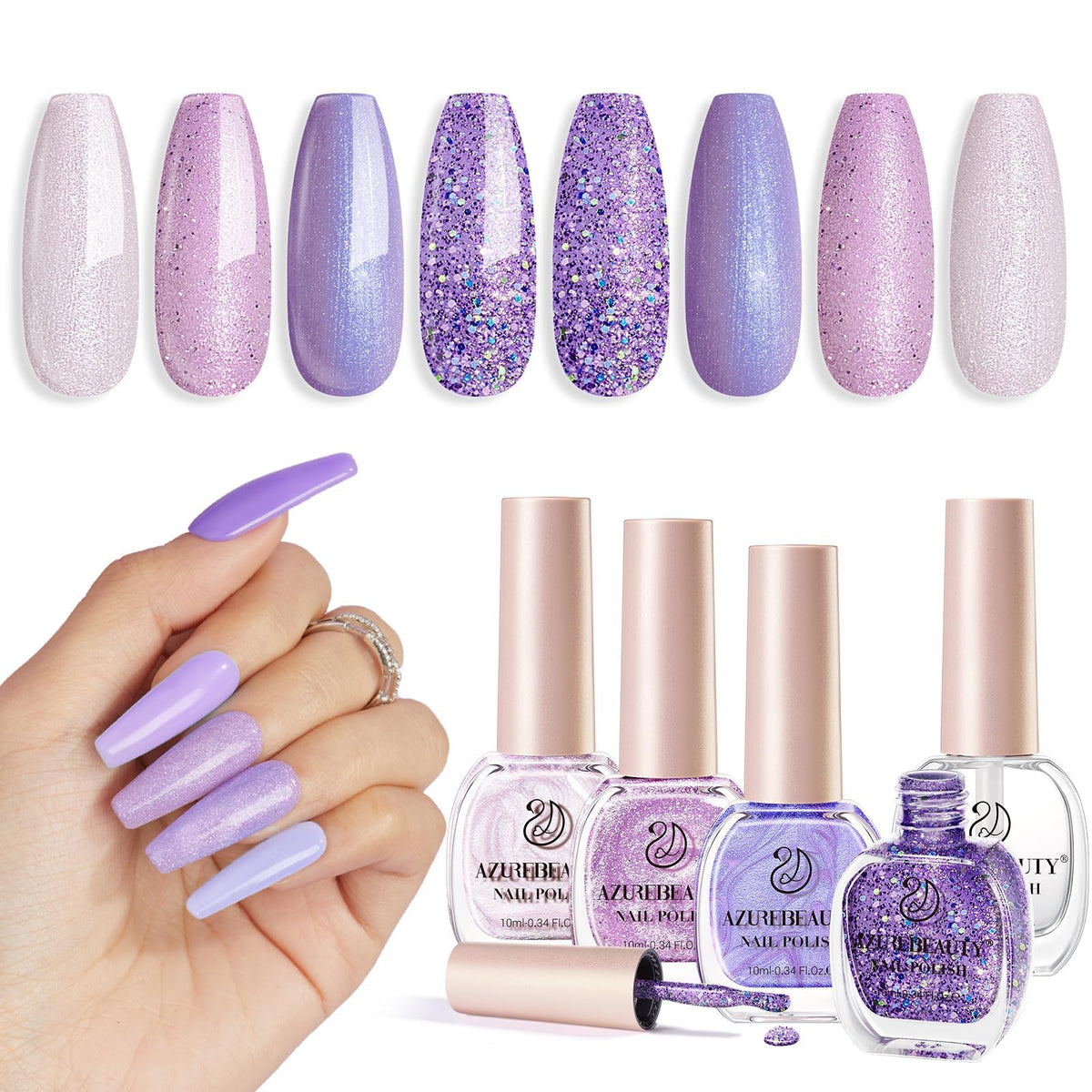 AZUREBEAUTY vernis lavande avec paillettes, brillance et séchage rapide.