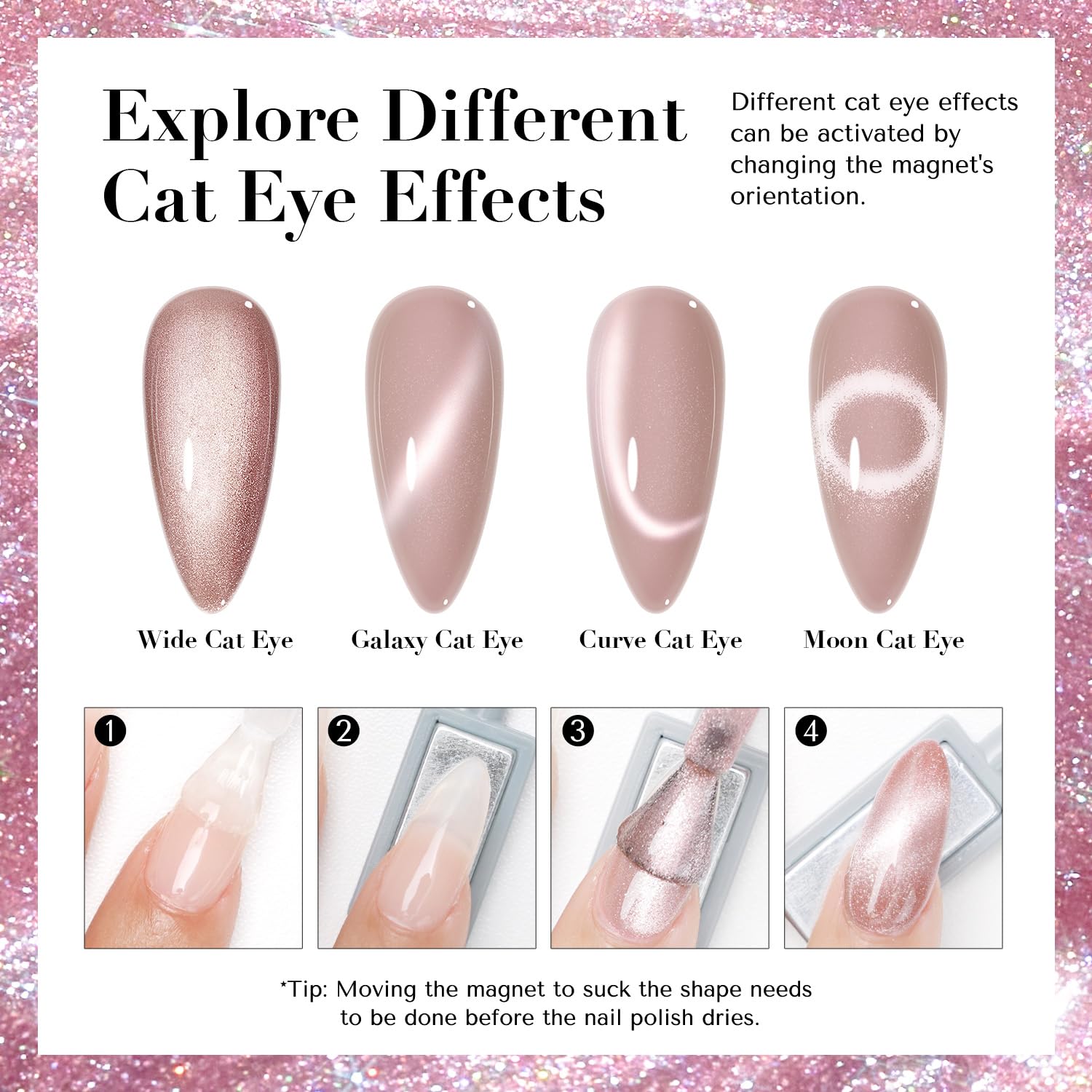 AZUREBEAUTY vernis oeil-de-chat rose pailleté, brillance durable