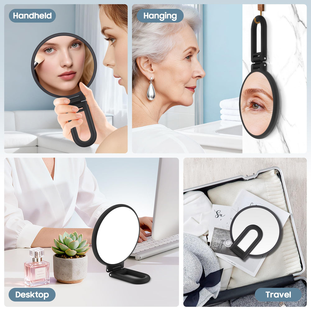 Miroir 3-en-1 par B Beauty Planet utilisable en main, sur table ou suspendu.