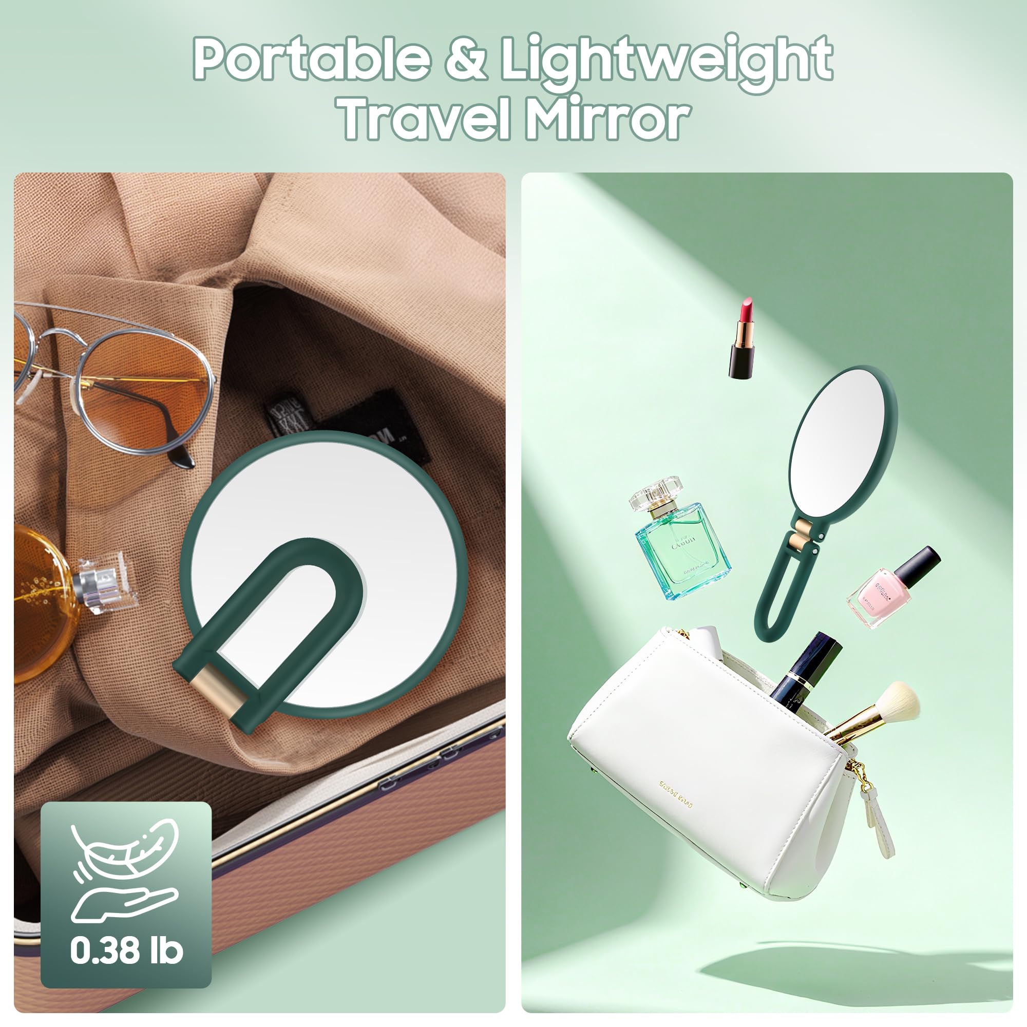 B Beauty Planet – cadre ABS léger vert, miroir portable idéal pour voyage.