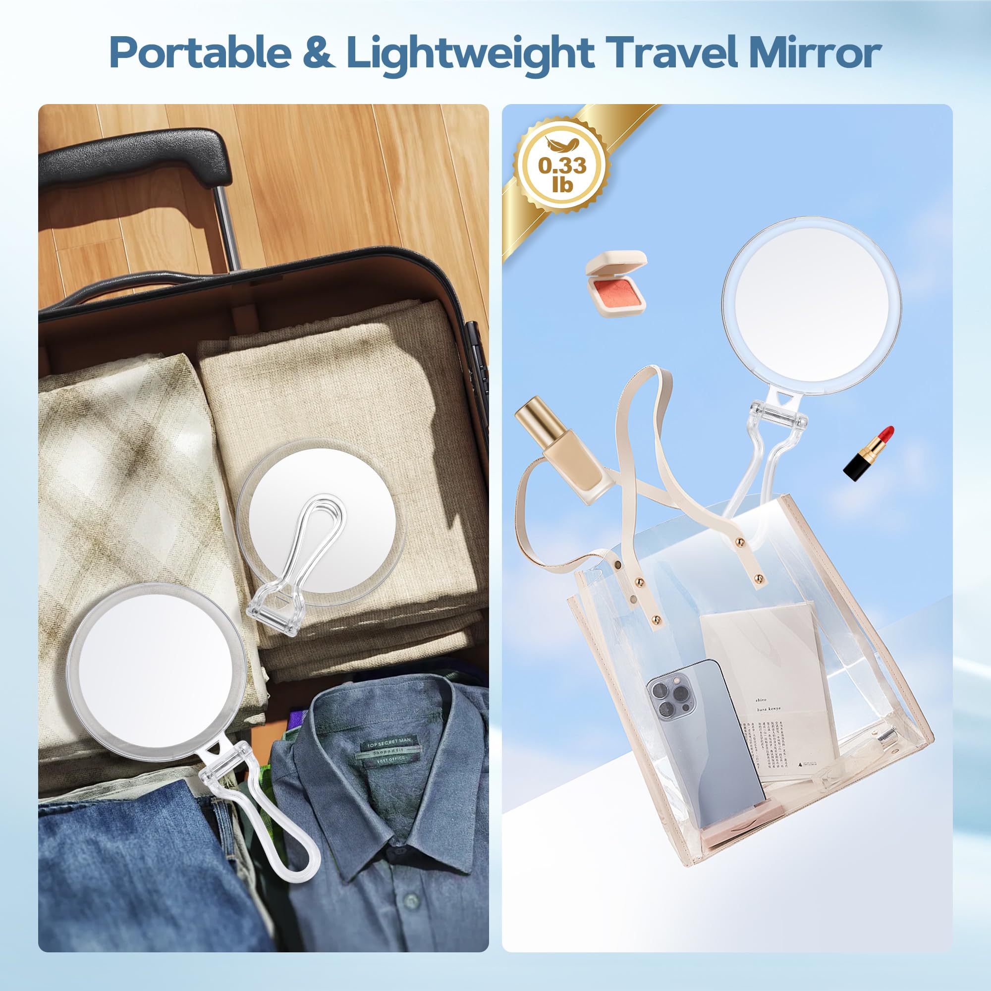 Miroir B Beauty Planet poignée ergonomique et étui de transport.