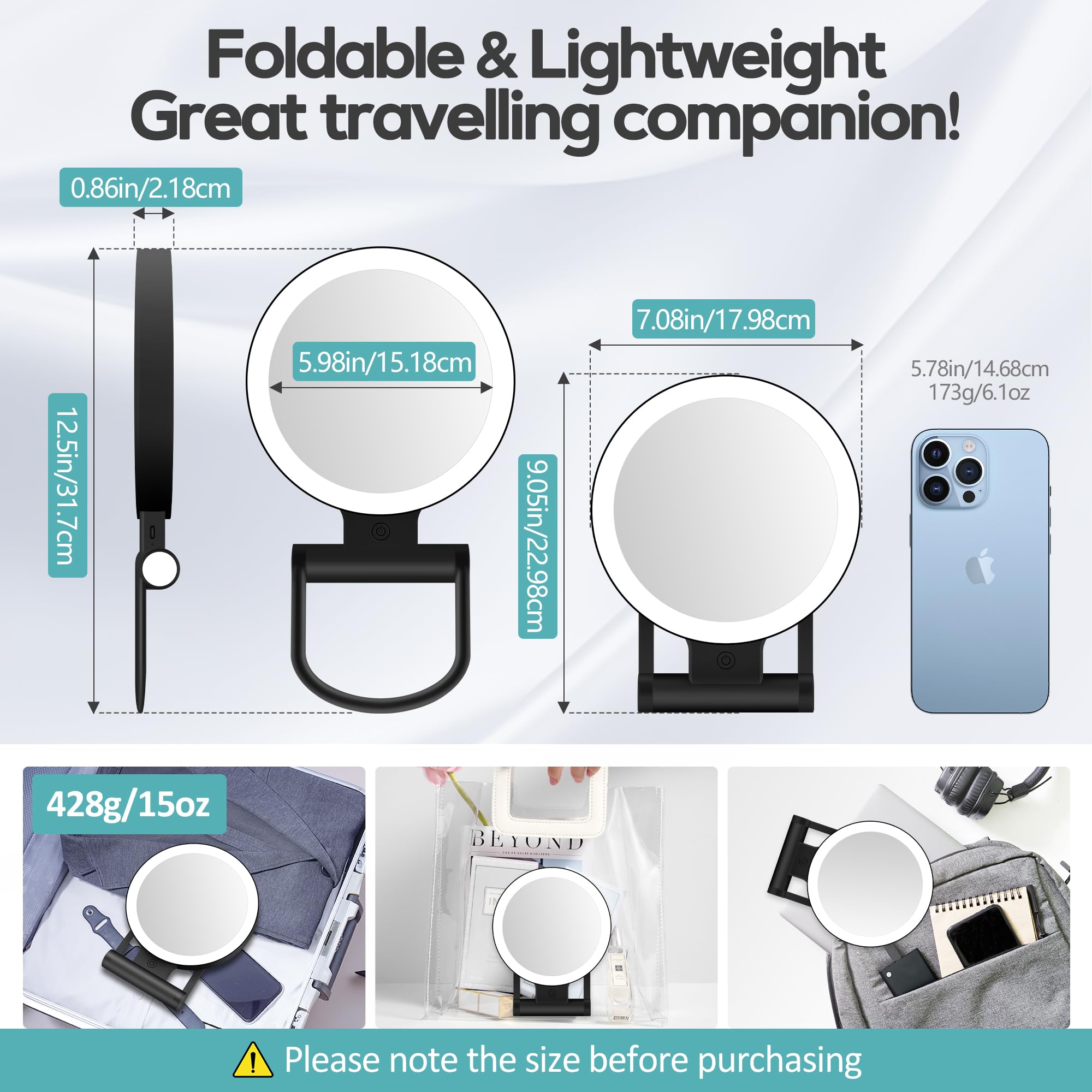 Miroir de voyage compact B Beauty Planet, design noir et portable.