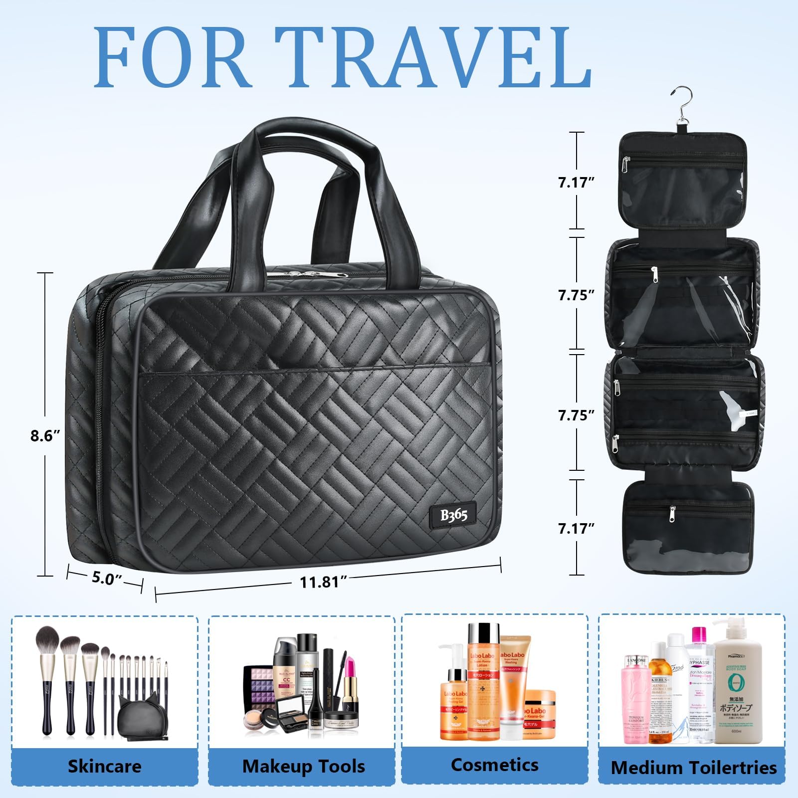 Trousse B365 voyage noir côtés transparents, aperçu rapide du contenu.