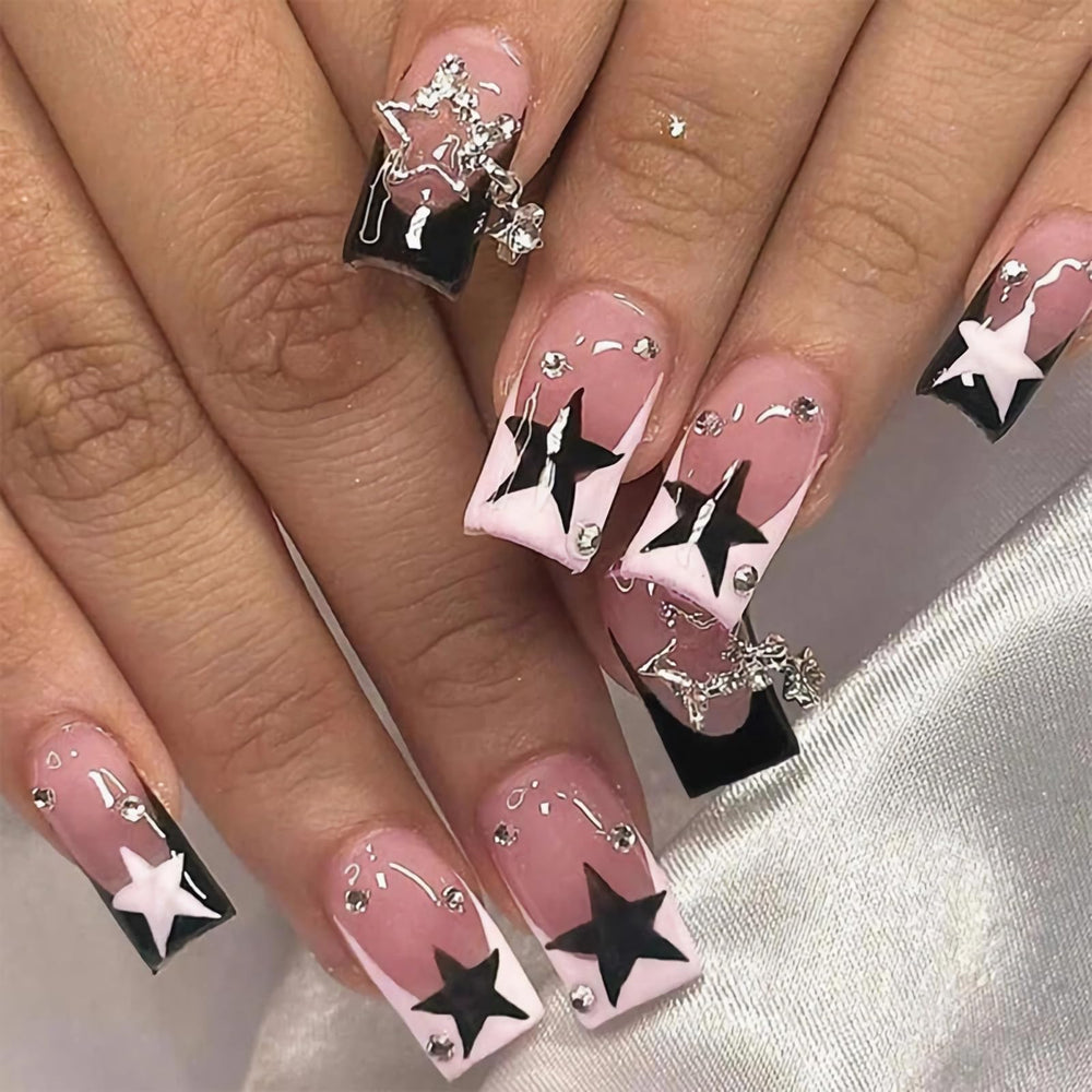 Ongles BABALAL carrés moyenne, noir et rose, ensemble prêt à l’emploi pour une manucure rapide.