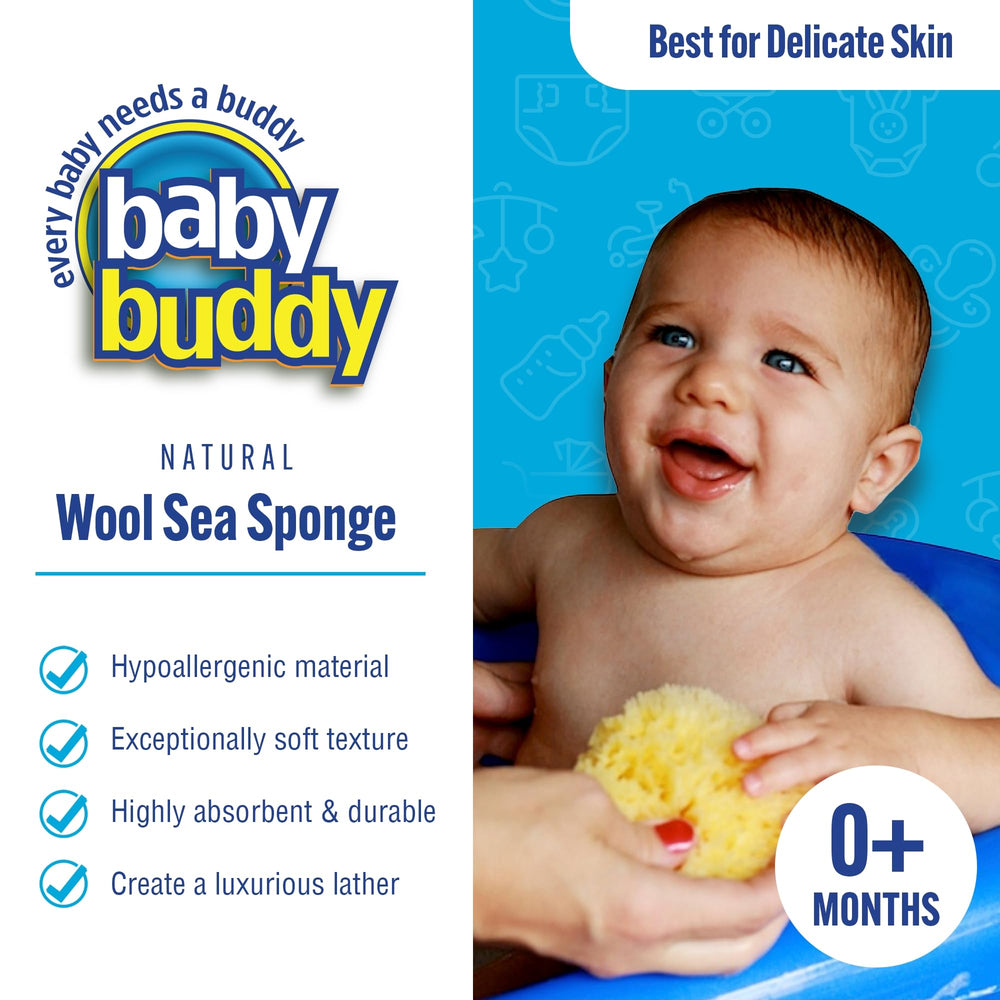 Éponge Baby Buddy laine de mer douce, expérience de bain sensorielle agréable.