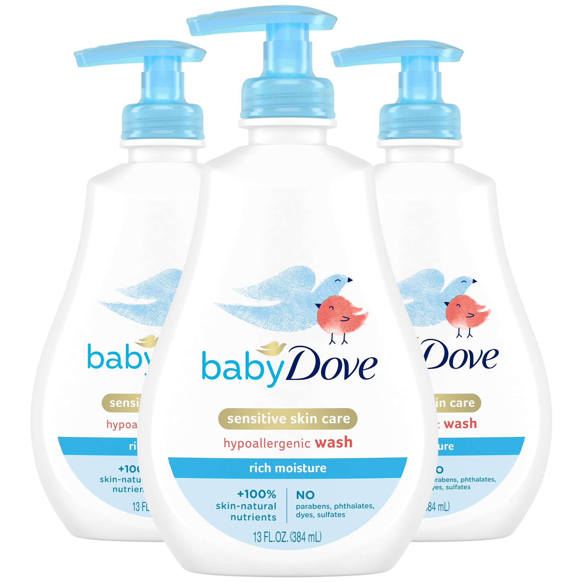 Lot de trois bouteilles Baby Dove Rich Moisture, douceur hydratante pour peau sensible.