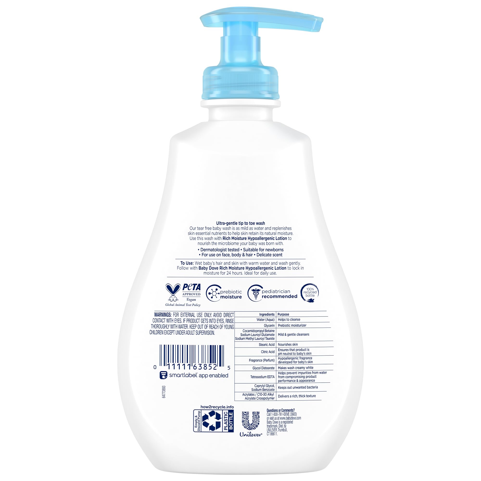 Étiquette du pack évoque hypoallergénique et parfum délicat pour nouveau-né.