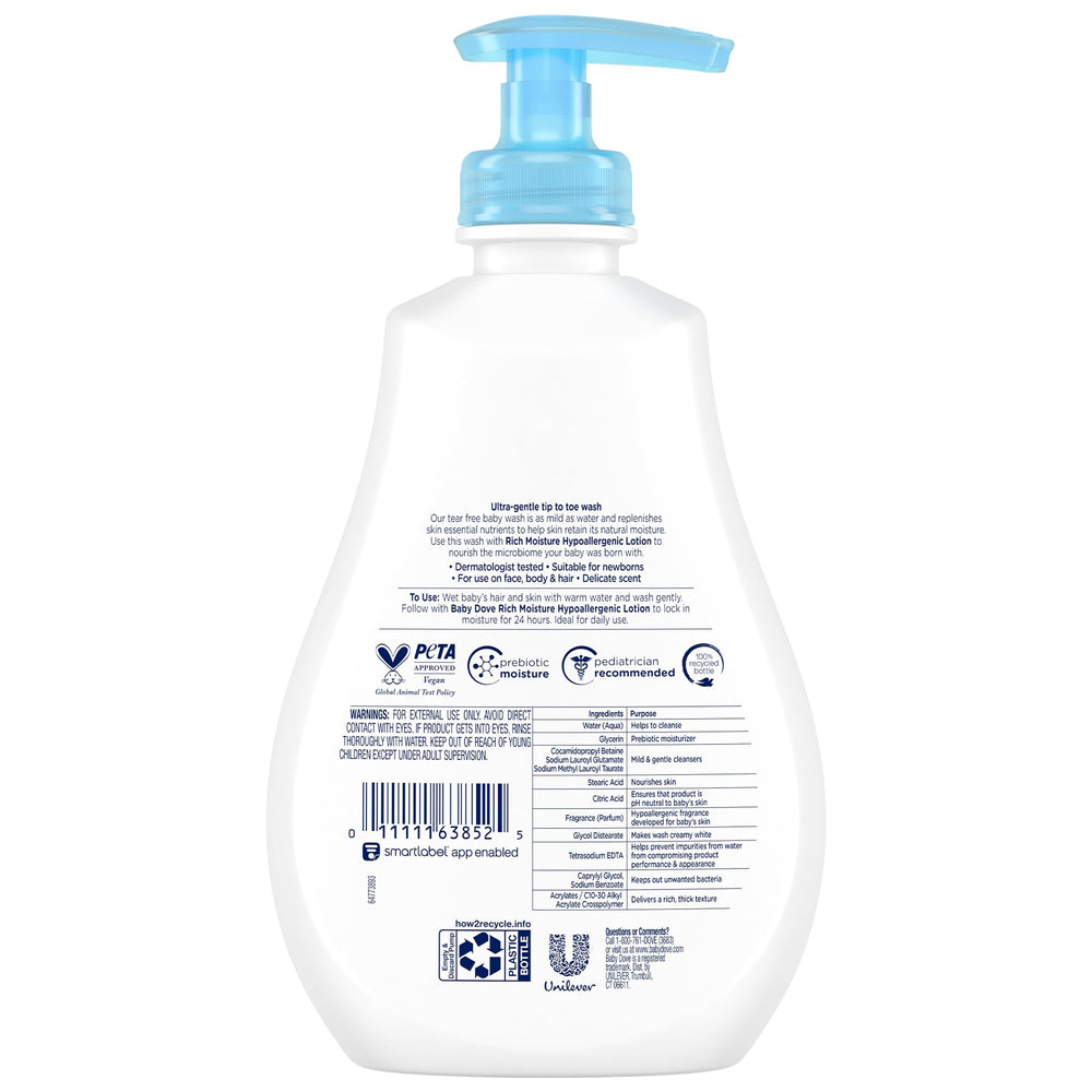 Étiquette du pack évoque hypoallergénique et parfum délicat pour nouveau-né.