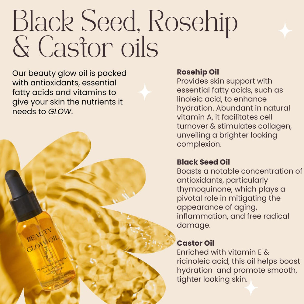 Bad Dog oils ingredients display featuring black seed oil, castor oil, and rosehip oil for clean skincare.