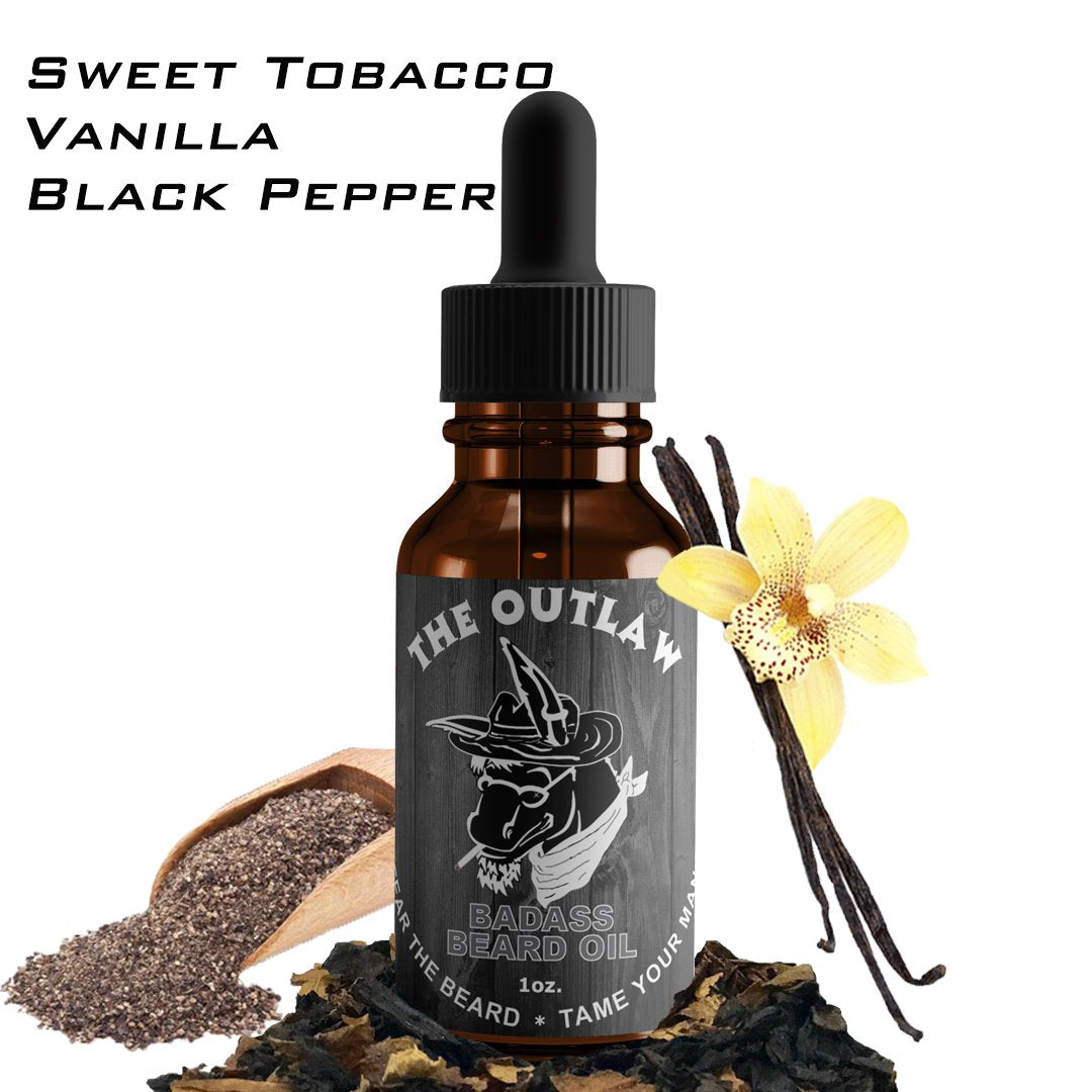 Emballage Badass Beard Care Outlaw, design attrayant évoquant l’esprit western.