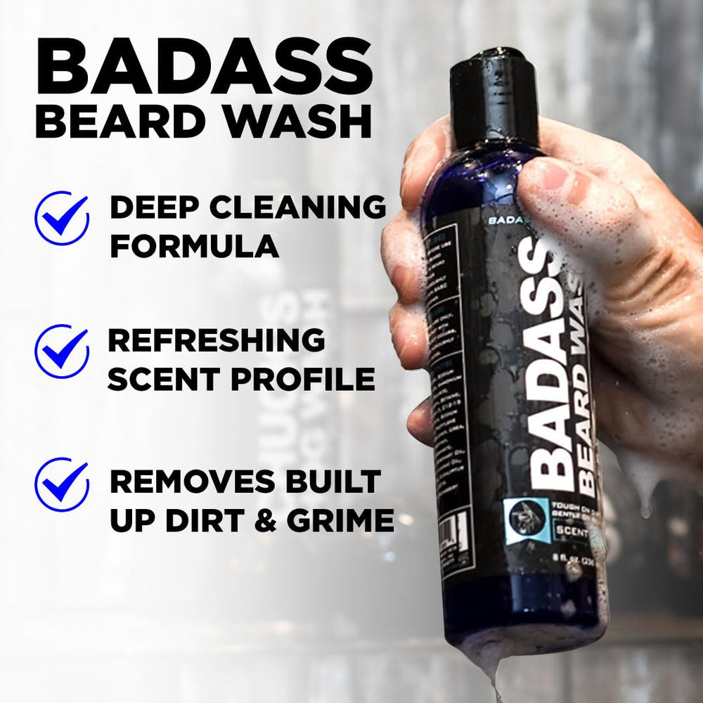 Badass Beard Care Shampoing barbe – texture légère et peau hydratée après rinçage.
