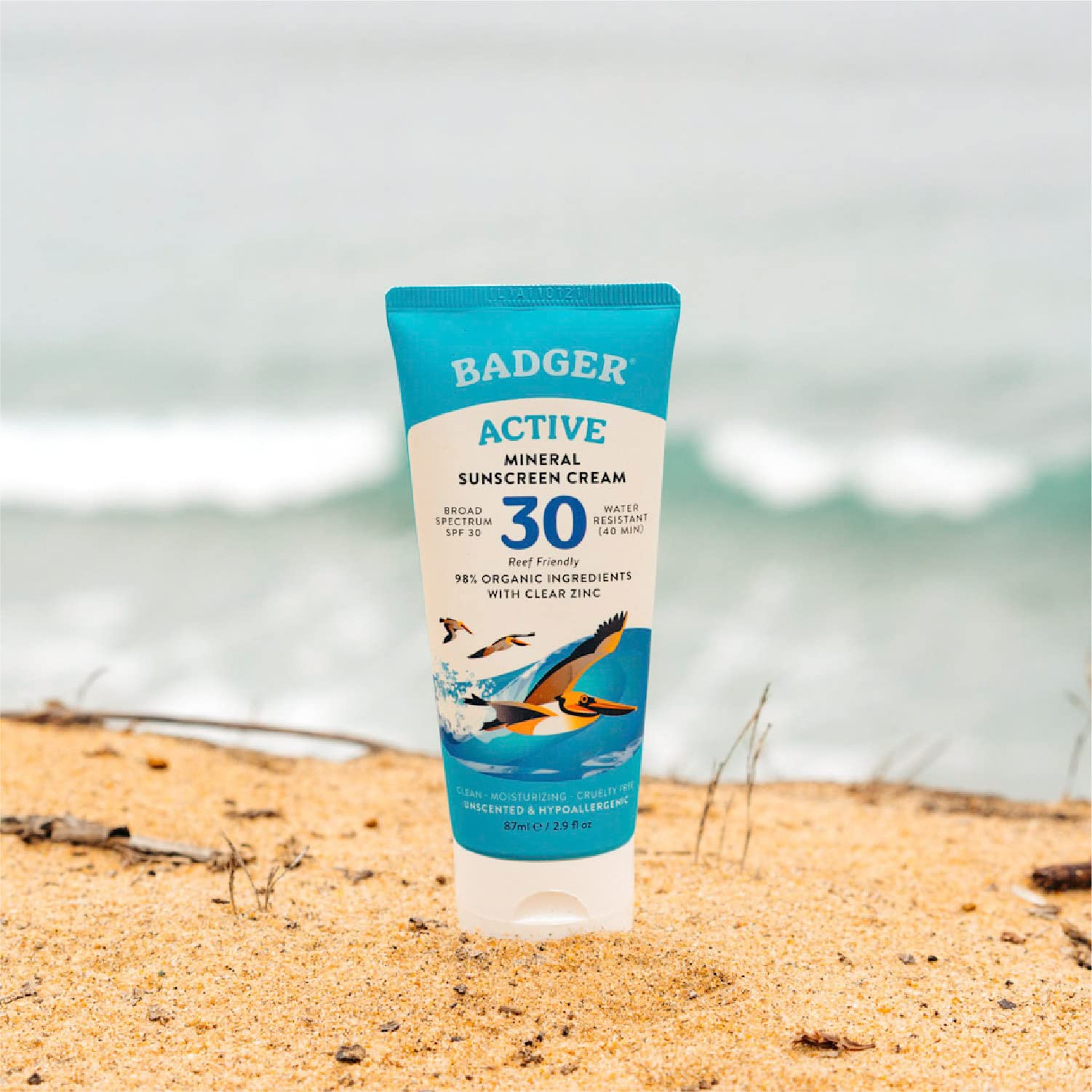 Badger Crème Solaire Minérale SPF 30 — formule respectueuse des récifs, sans oxybenzone.