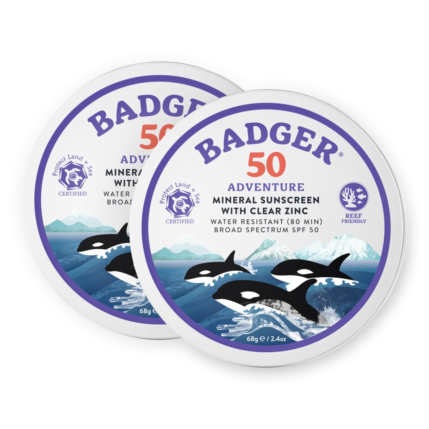 Badger crème solaire minérale SPF50 dans un boîtier compact, voyage pratique.