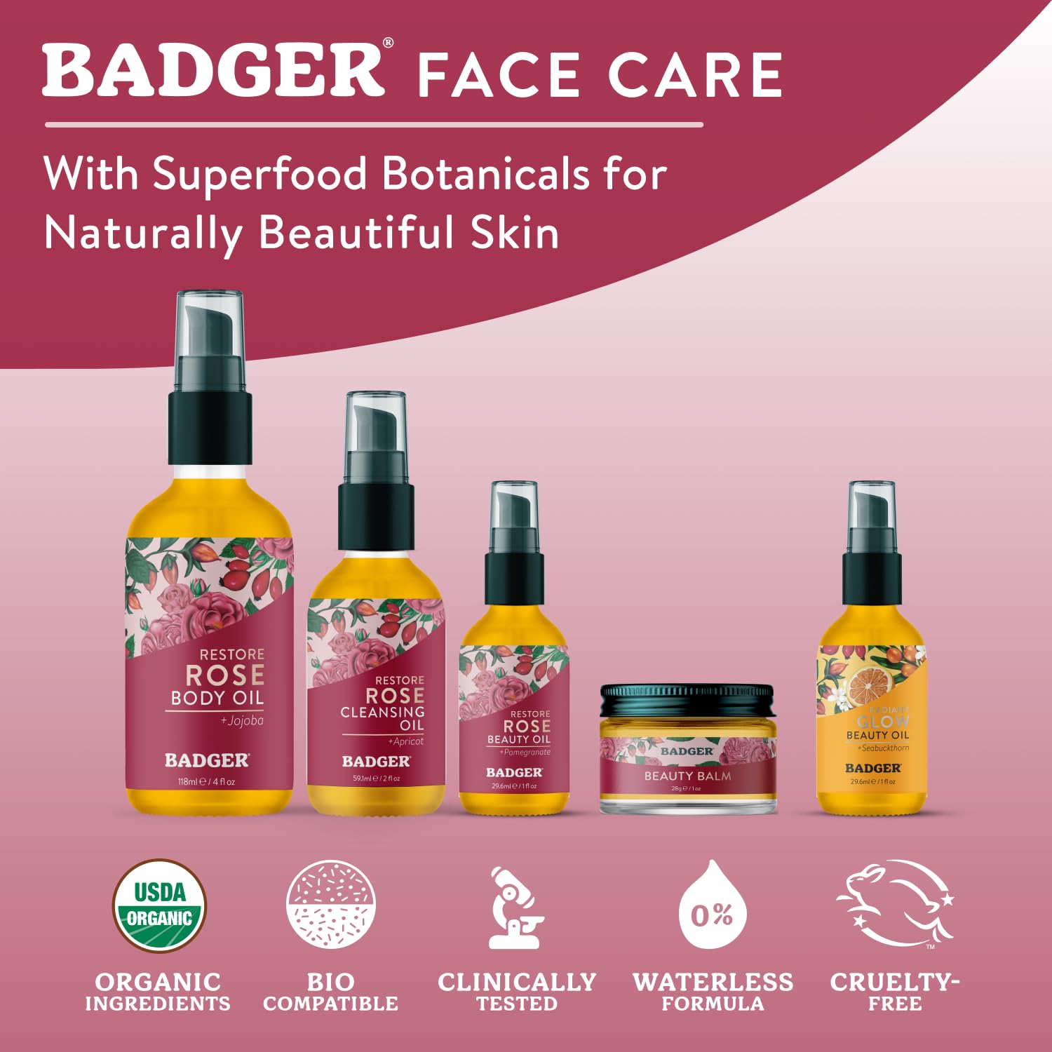 Badger huile pour le corps rose, ingrédients organiques riches en nutriments