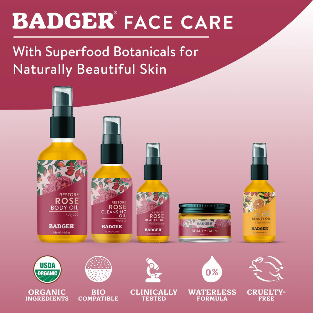 Badger huile pour le corps rose, ingrédients organiques riches en nutriments