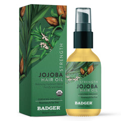 Badger Huile Jojoba pour cheveux, bouteille-pompe, hydratation rapide et application pratique.