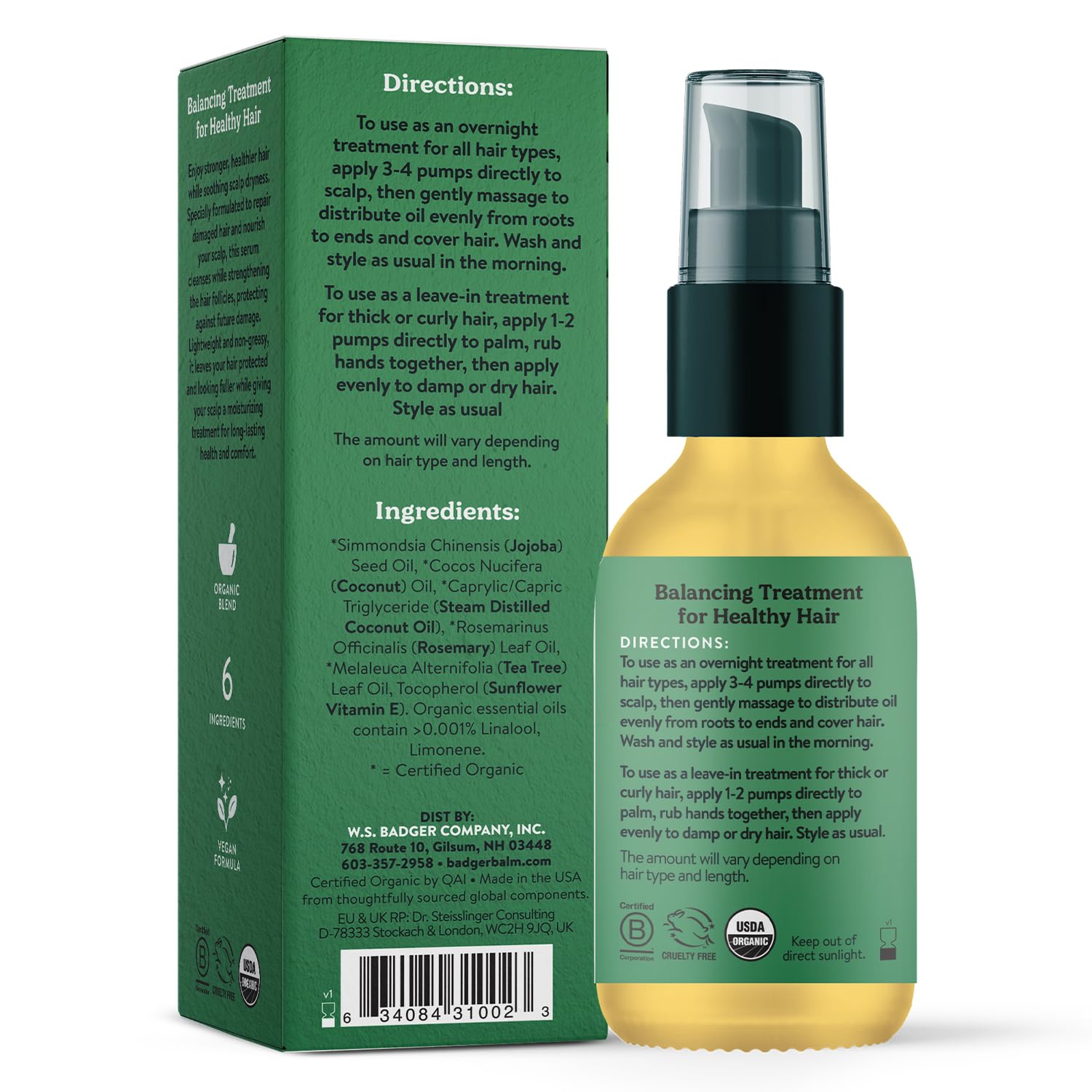 Badger Huile Jojoba, bouteille-pompe, absorption rapide sans alourdir les cheveux.