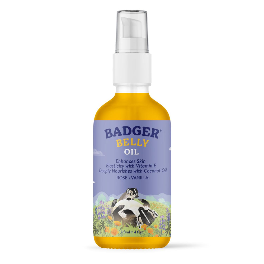 Badger huile ventre bio dans une bouteille en verre, hydratation fiable