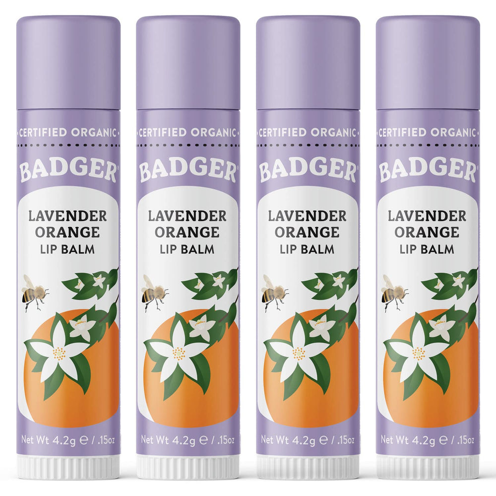 Badger Lavender Orange Classic Lip Balm tube, compact packaging for everyday moisture.
