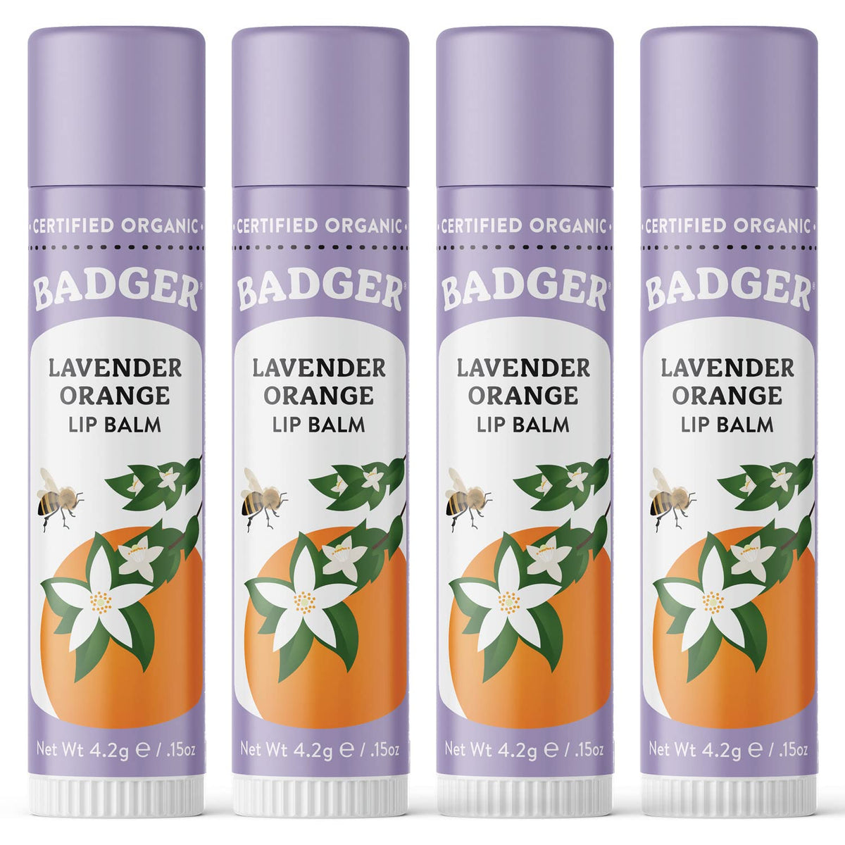 Badger Lavender Orange Classic Lip Balm tube, compact packaging for everyday moisture.
