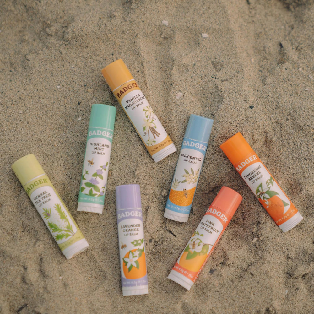 Organic olive oil and beeswax nourish lips in Badger balm.