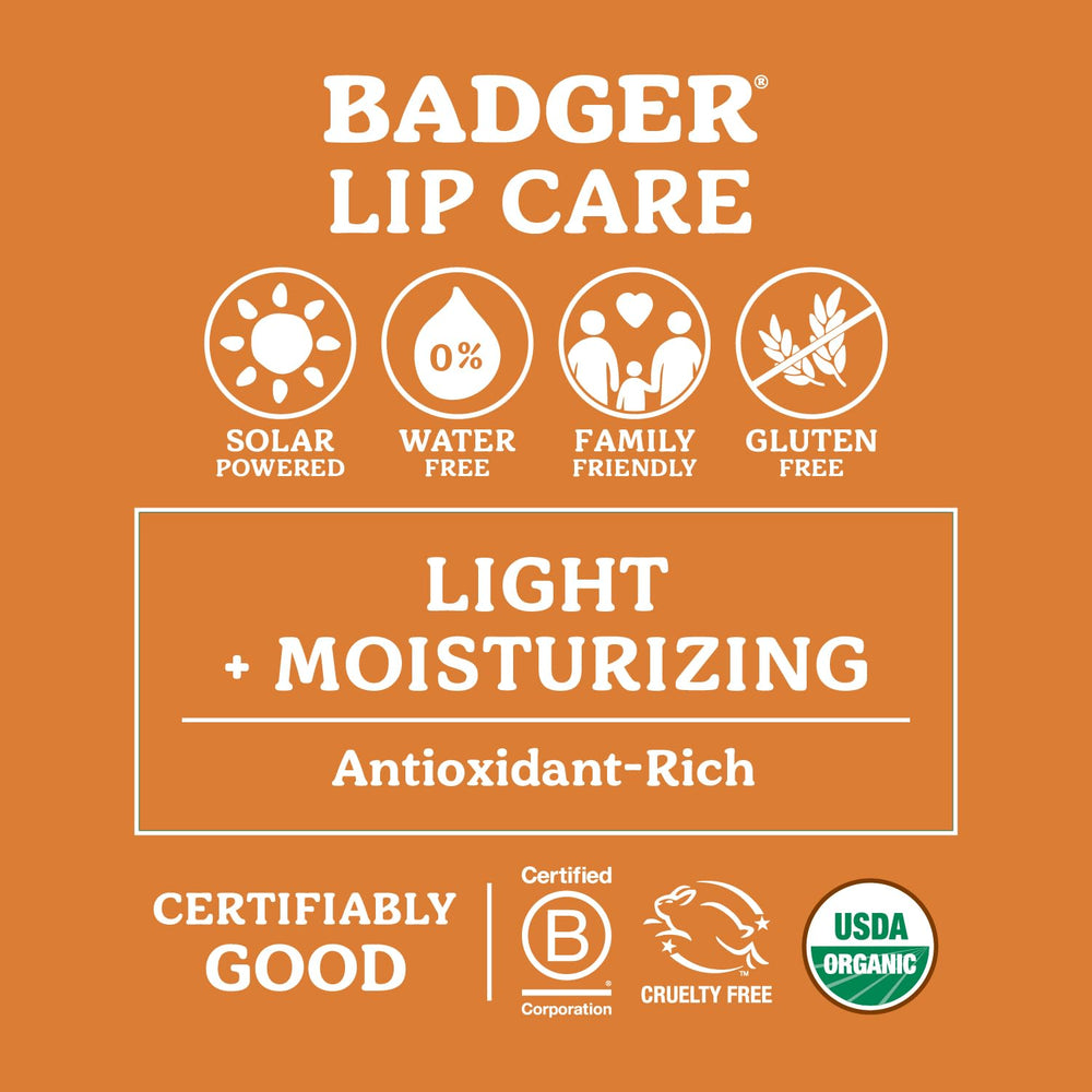 Badger lip balm packaging shown, simple and travel-friendly.
