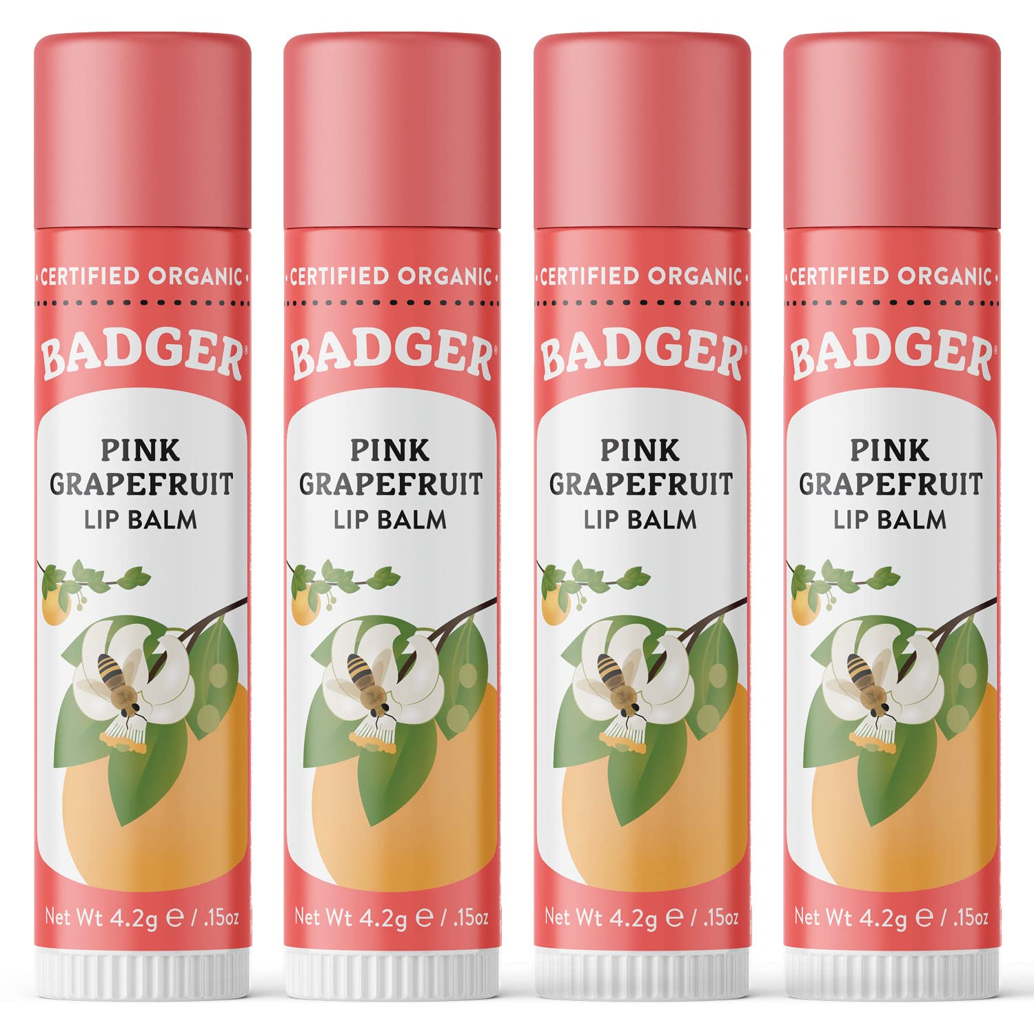 Badger Pink Grapefruit Lip Balm pack shows a smooth glide for dry lips.
