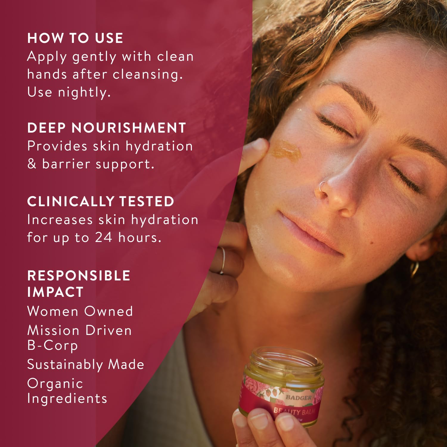 Badger Rose Beauty Balm huile d'olive et ricin nourrissent en profondeur.