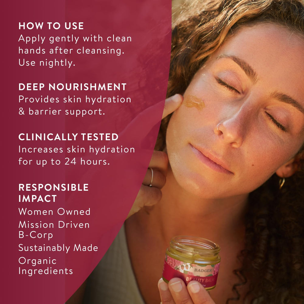 Badger Rose Beauty Balm huile d'olive et ricin nourrissent en profondeur.