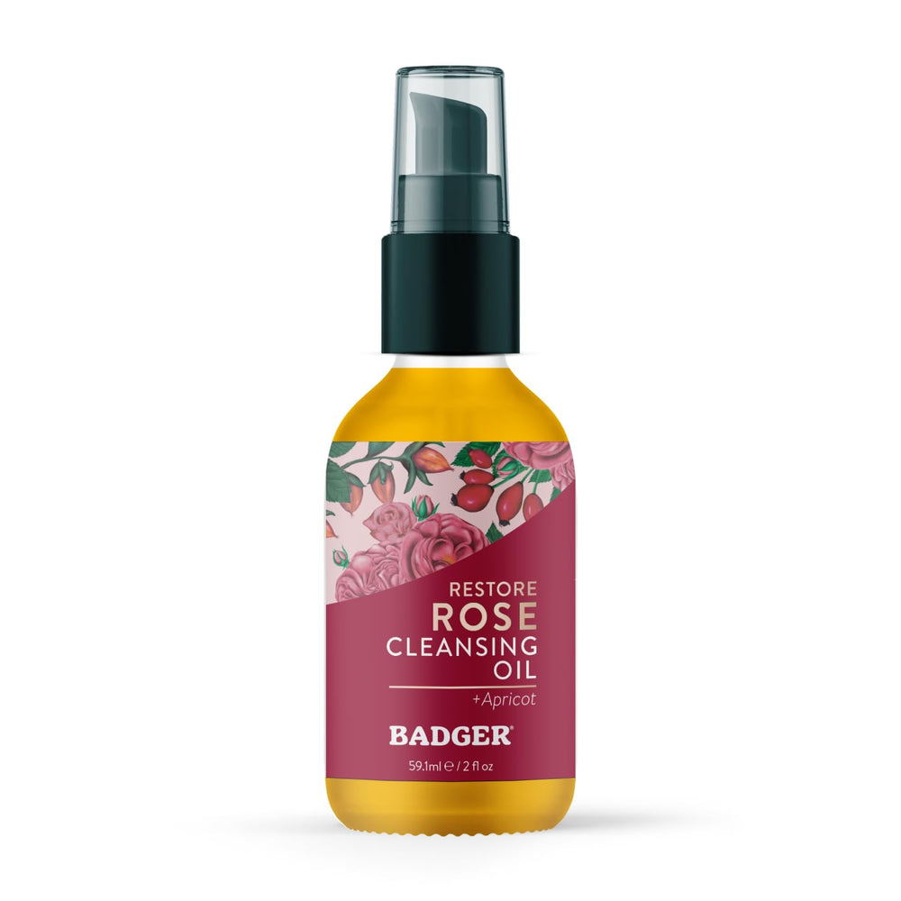 Badger Rose Huile Nettoyante Visage — bouteille-verre, démaquillage sans effort et hydratation légère.