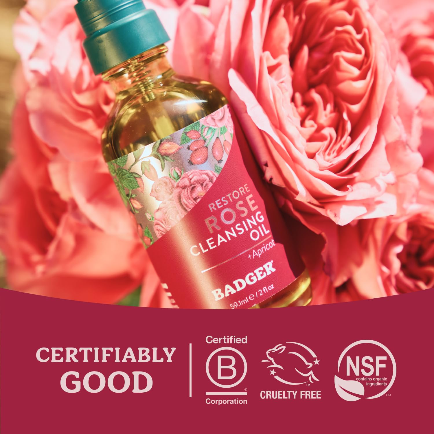 Badger Rose Huile Nettoyante Visage — emballage verre recyclable et fabrication éco-responsable.