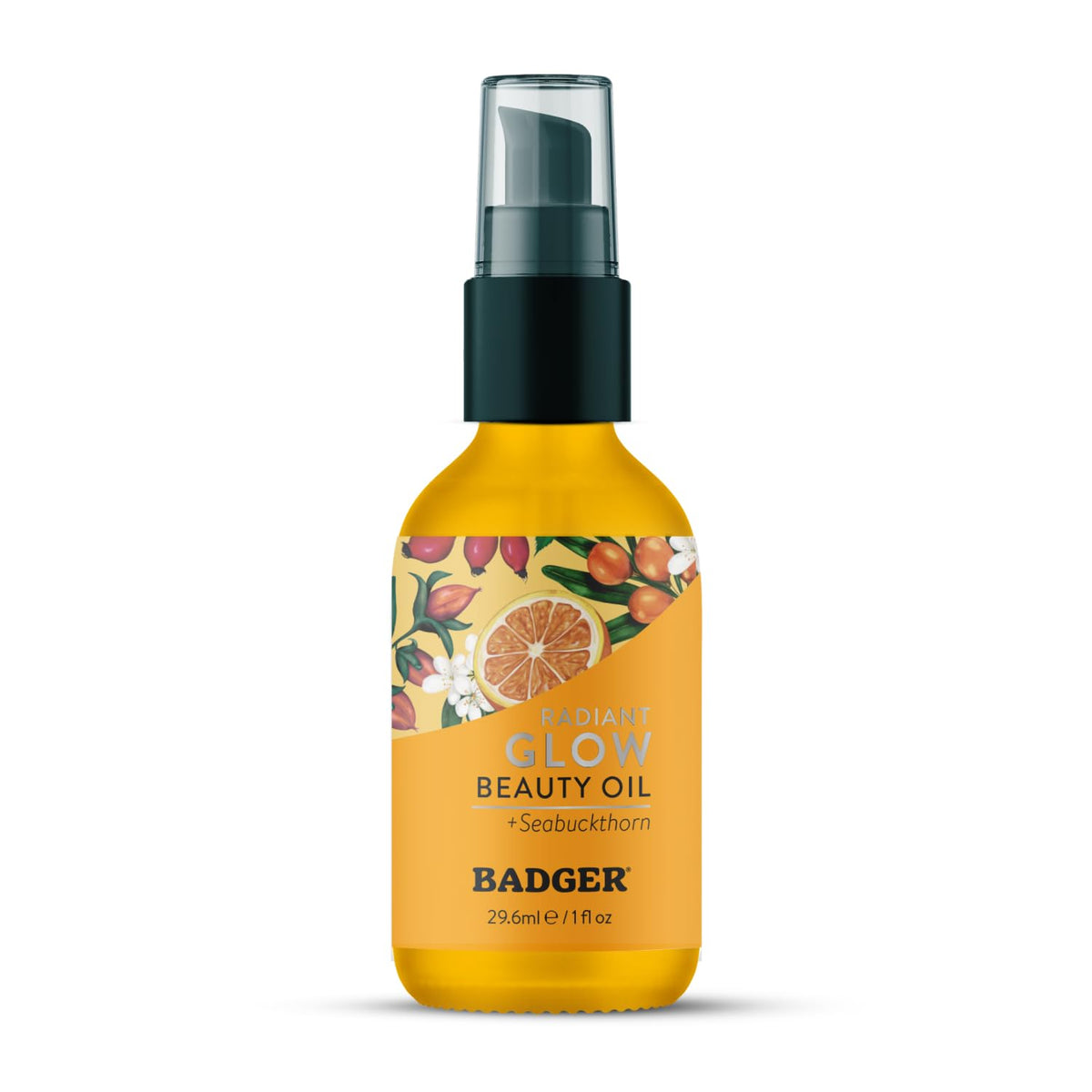 Badger Seabuckthorn Huile Visage : bouteille en verre, hydratation légère et absorption rapide.