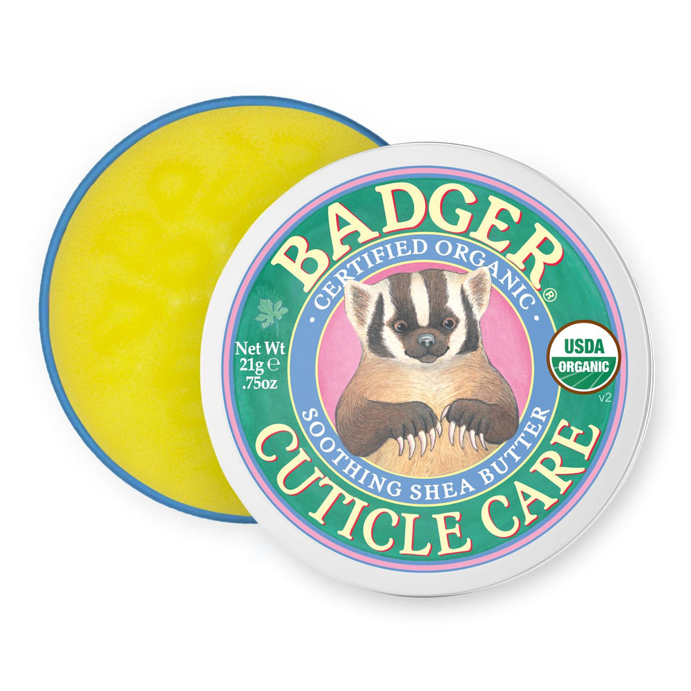 Badger Soin Cuticule avec boîte métallique, design durable et pratique.